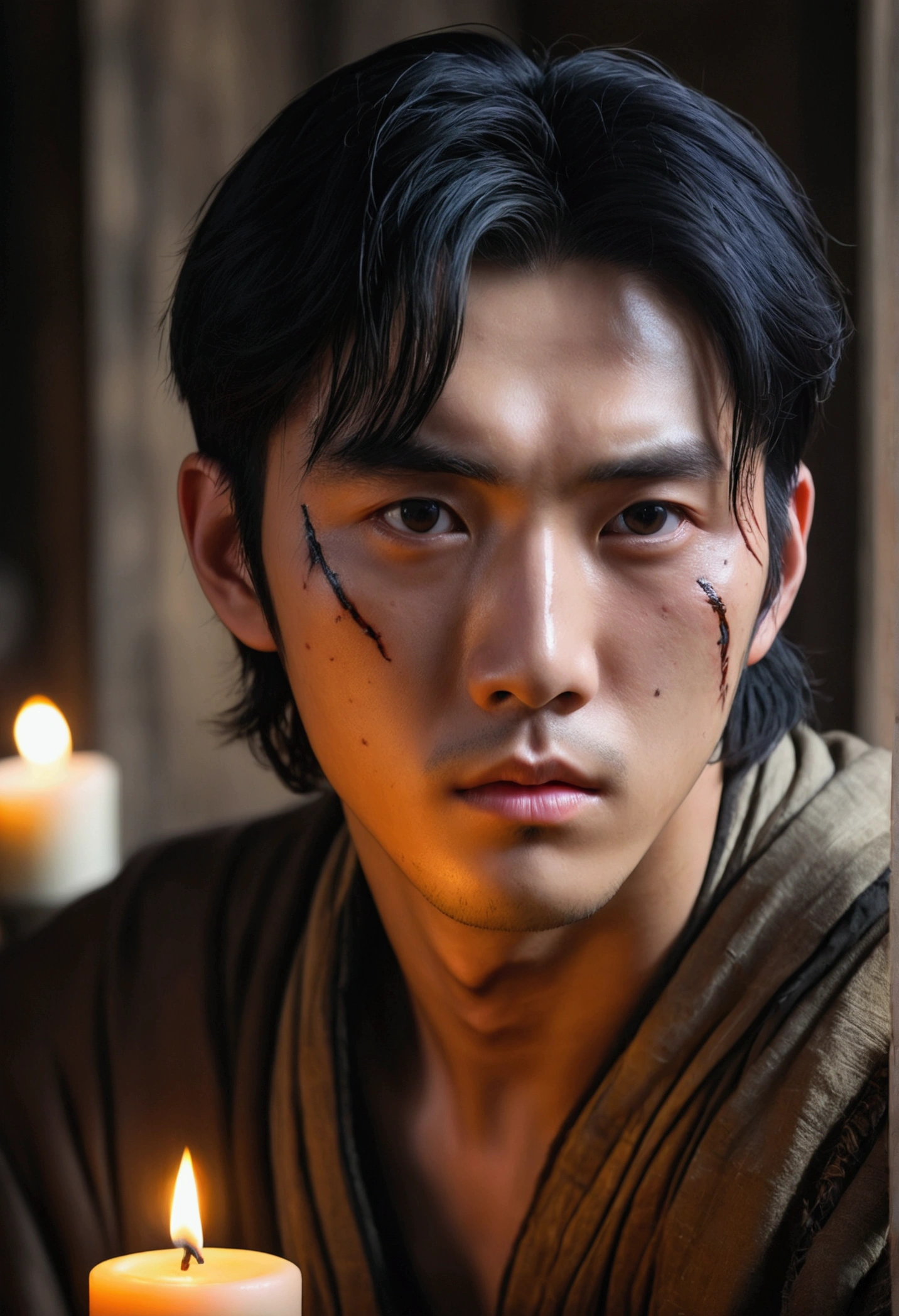 Korean male, around 26 years old, Black Hair, Swollen eyes,  piece, good looking, Medieval atmosphere candlelight, Super sharp focus, Realistic shots, Four-color (scar:1.4)