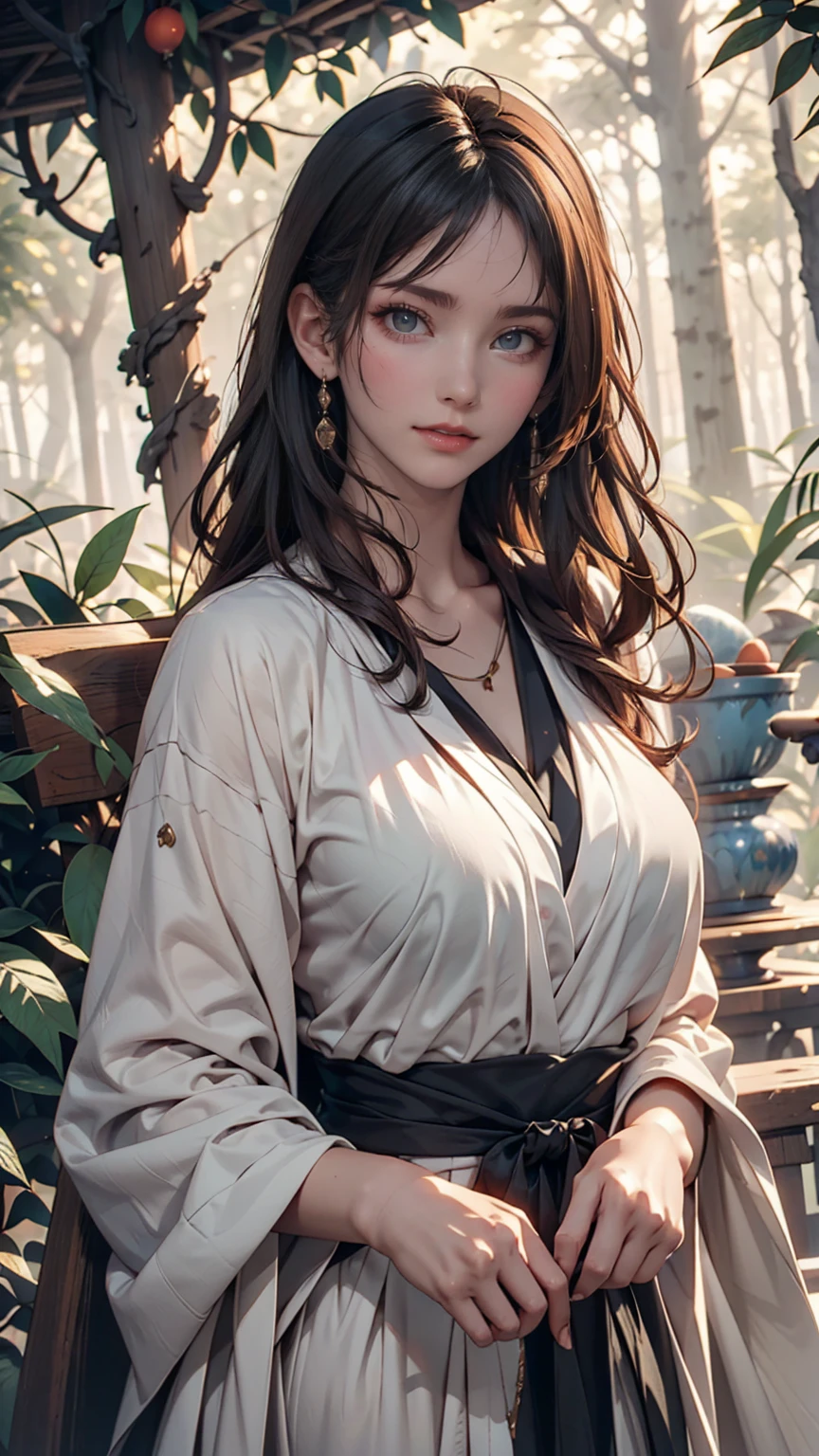 Beautiful girl in a gray robe standing in a dark forest, Magnificent style, Octane Rendering, Desert Composition, Beautiful Face, Surreal, Oil on canvas, Award-winning, masterpiece, Trending on Art Station, Studio Ghibli