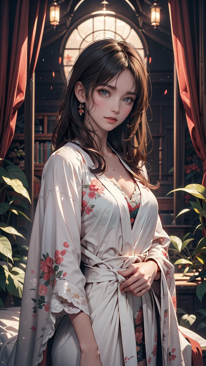 Beautiful girl in a gray robe standing in a dark forest, Magnificent style, Octane Rendering, Desert Composition, Beautiful Face, Surreal, Oil on canvas, Award-winning, masterpiece, Trending on Art Station, Studio Ghibli