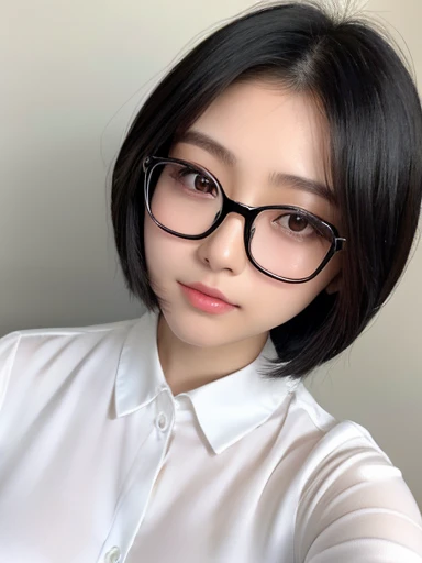 20-year-old women、Japanese、Beauty、The eyes are double、White blouse、White Background、Beautiful breasts、Beautiful Skin、Glossy lips、Black short hair、Black Hair、Black-rimmed glasses、Upper Body、head whole、Shooting from an angle