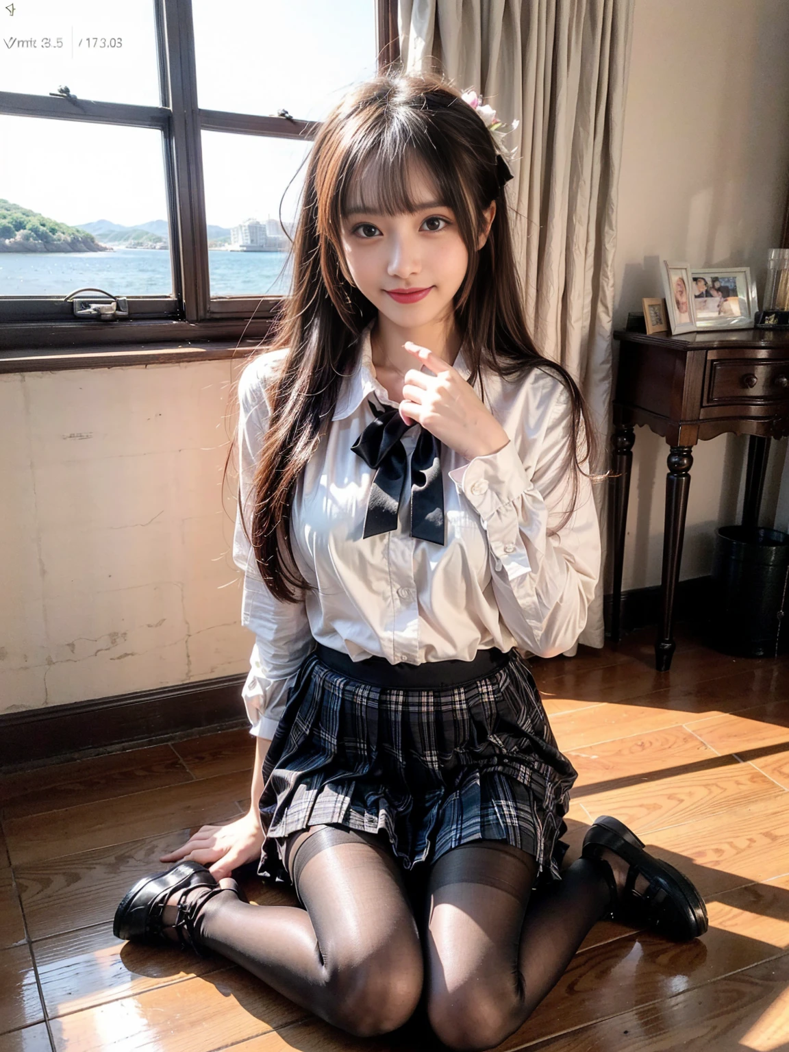 (High girls inside suite room:1.4, 17 yea faces:1.5, triangular face, sitting on gorgeous bed), looking at viewer, ((embarrassed:1.3, smile:1.1)), shy smile, open mouth, silky skins, natural makeup, glossy lips, group shot, (sexual suggestive:0.7), (identical school uniform:1.5, white shirt open chest, see through , both hand on breast:1.24), (naked :0.2), (3 girls:1, perfect style, full body), ((slender body)), (pleated plaid skirt, show panties), (raw photo:1.4),(( legs wide open, ribbons, pantyhose:1.2)), (gentle light, 16k wallpaper, raw photo, idol), BIBE, (wide window with ocean scenery, expensive furniture:1.3, sheets on floor:1.4, flowers in planter), (very huge round breasts)