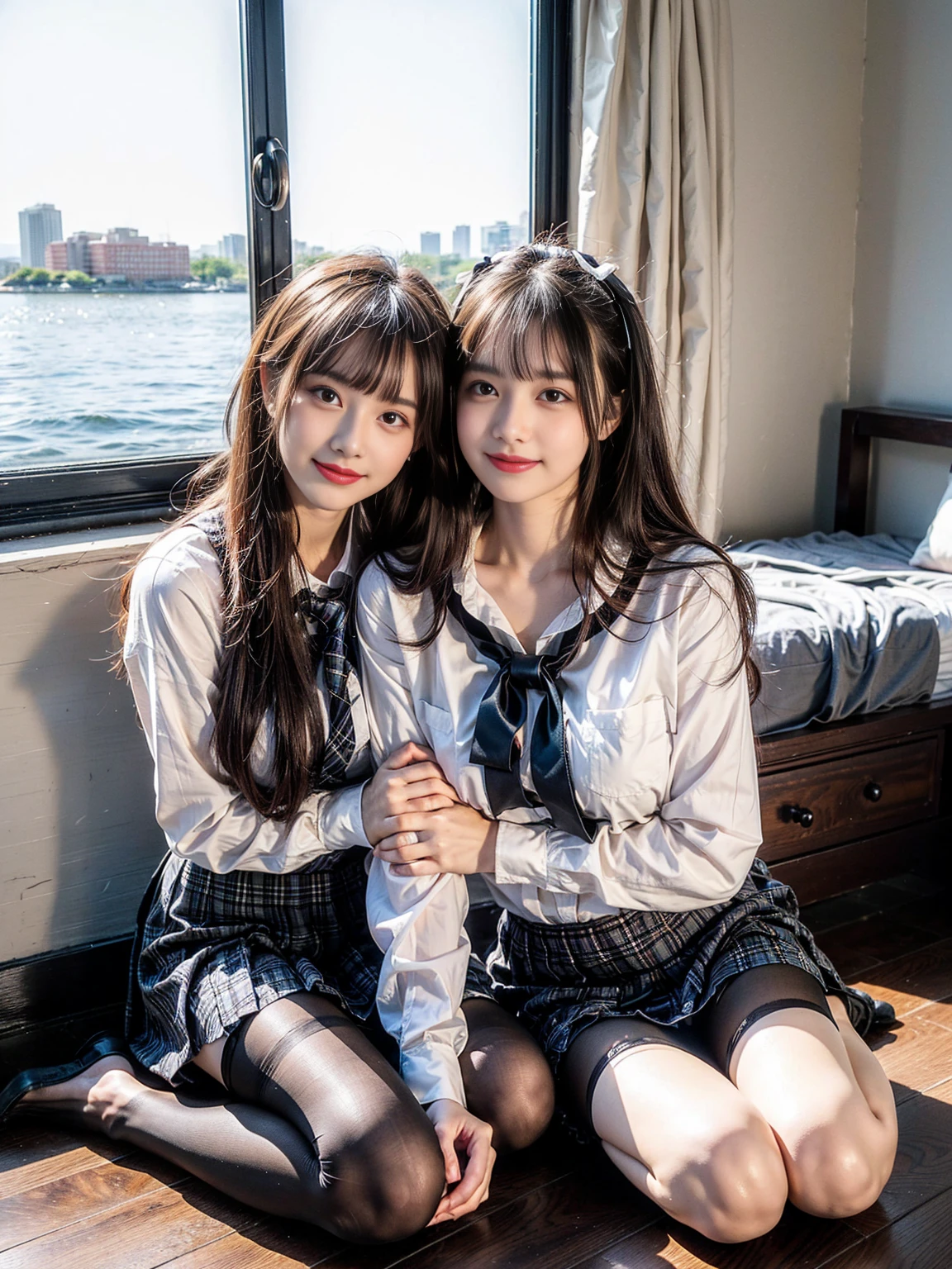 (High girls inside suite room:1.4, 17 yea faces:1.5, triangular face, sitting on gorgeous bed), looking at viewer, ((embarrassed:1.3, smile:1.1)), shy smile, open mouth, silky skins, natural makeup, glossy lips, group shot, (sexual suggestive:0.7), (identical school uniform:1.5, white shirt open chest, see through , both hand on breast:1.24), (naked :0.2), (3 girls:1, perfect style, full body), ((slender body)), (pleated plaid skirt, show panties), (raw photo:1.4),(( legs wide open, ribbons, pantyhose:1.2)), (gentle light, 16k wallpaper, raw photo, idol), BIBE, (wide window with ocean scenery, expensive furniture:1.3, sheets on floor:1.4, flowers in planter), (very huge round breasts)