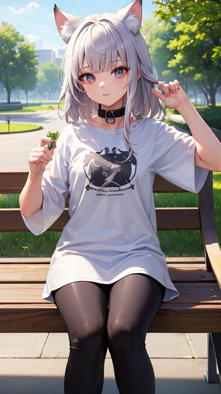 ((Highest quality)), ((masterpiece)), (detailed), One girl, cute Five fingers Small wolf ears White Shorthair Petite Normal chest No human ears Big eyes collar Long T-shirt on the upper body Black capri pants for the lower body whole body Sit on a wooden bench Hands up The background is a park
