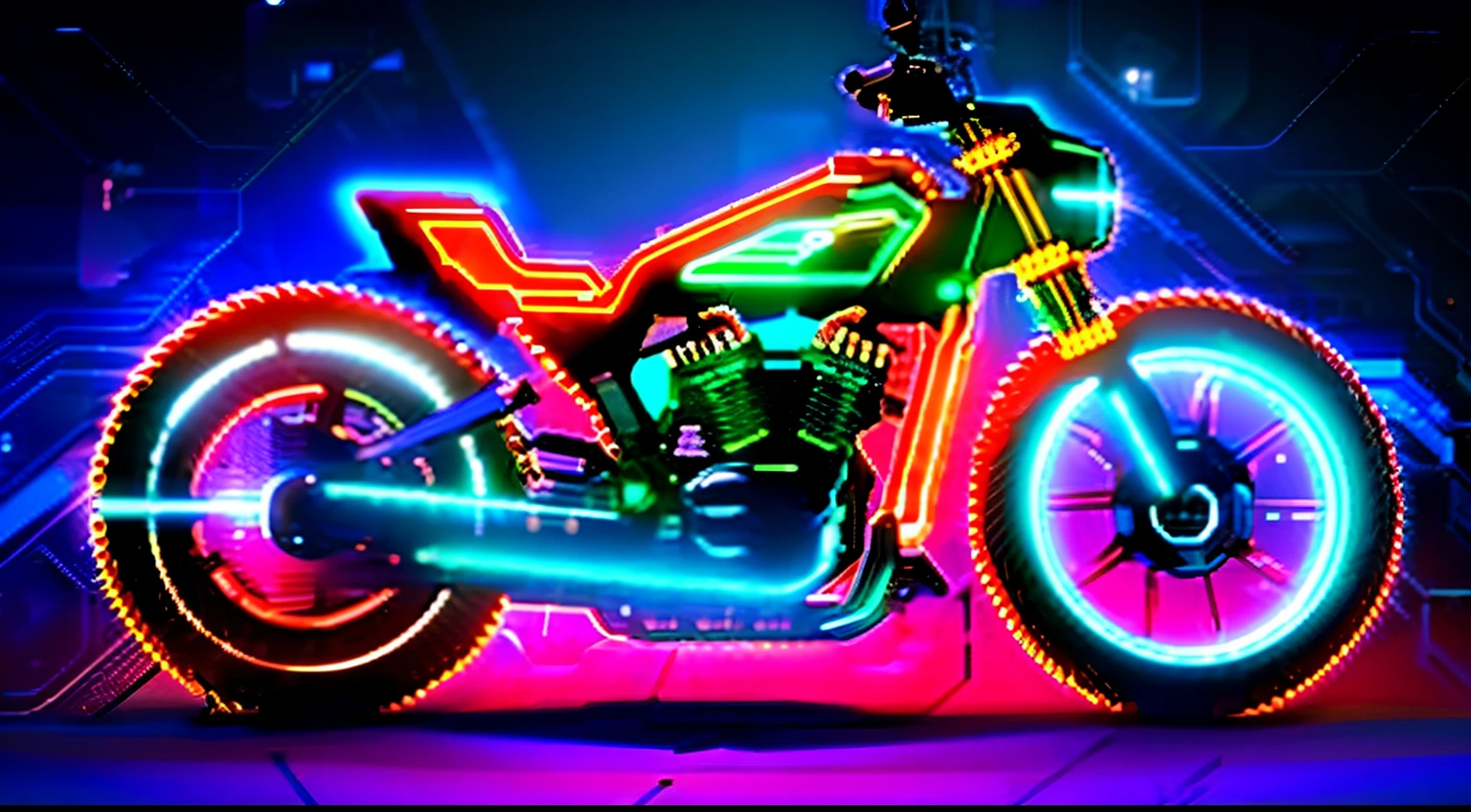 Cyberpunk style motorcycle, colored in black and neon, with complex and intricate mechanical structures with luminous parts. simple background, Lighting style: street lighting. Fantasy words: strong, seeds, futurist, Chassis Exposed, Mixing light cycles josenildo sena