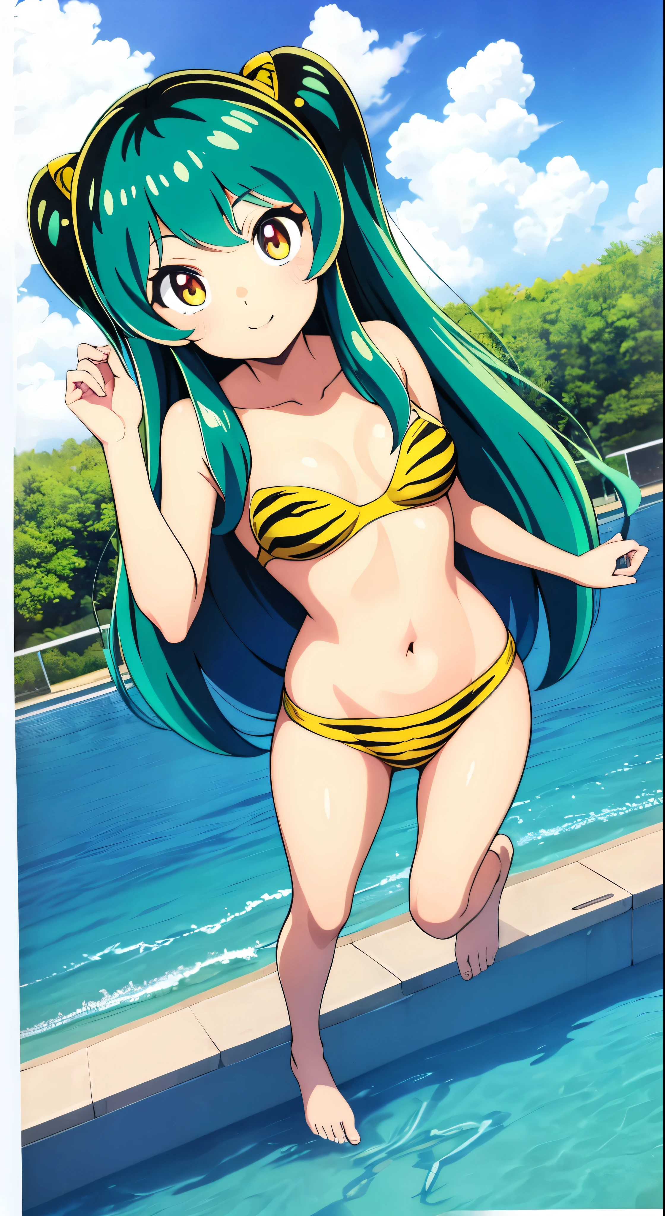 with high definition images,Urusei Yatsura images,Manga character with tiger striped bikini、Urusei Yatsura no Ram-chan,With a cute face as it flies through the sky。Facial details，Full body high quality images