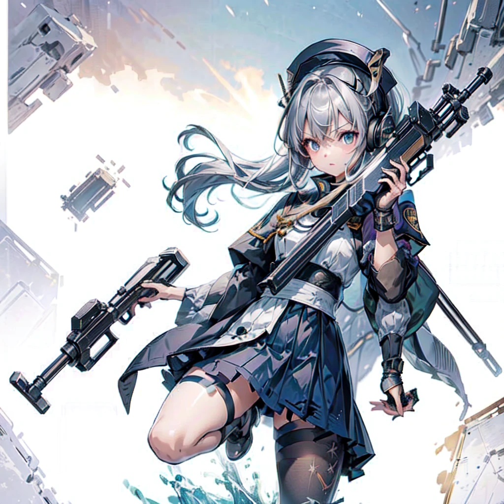 1girl,(((Highest quality、Masterpiece、Official Art、The best dynamic composition、超detailed)))、Anime Style、Vampire Hunter、Black Sailor Suit、Black pleated skirt、Super huge、detailed、Perfect Anatomy、1girl、(((Highest quality、Masterpiece、Official Art、The best dynamic composition、超detailed)))、Sniper high school girl、Black Sailor Suit、Anime Style、Creative outfits、、Unique and original hairstyle、 holding_gun、QBU10,うつぶせになってgunをかまえている、Looking into the site、To the audience、White Background, Holding, Holding 武器, gun, Holding gun, Armband, rifle, Grey Skirt, headset, assault rifle, grey gloves,