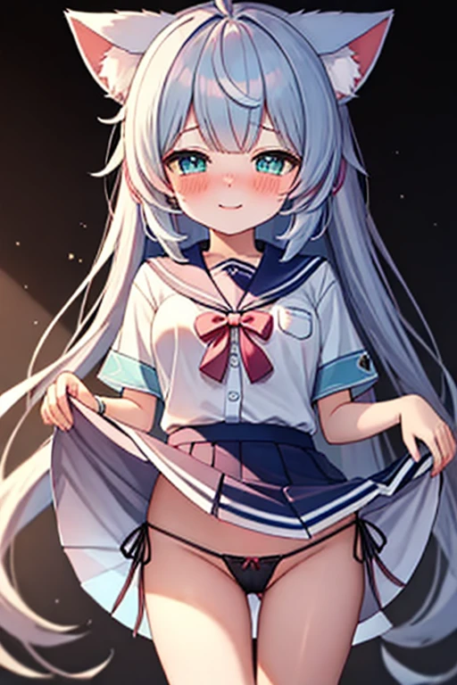 masterpiece, best quality, partially unbuttoned, , kawaii, long hair, ahoge, beautiful detailed eyes, aqua eyes, eyeball, heart in eye, cat_ears, seductive smile, nose blush , shy, blush, endured_face, medium breasts, sailor shirt, bare legs, no legwear, skirt lift, side-tie_panties, tai, wet