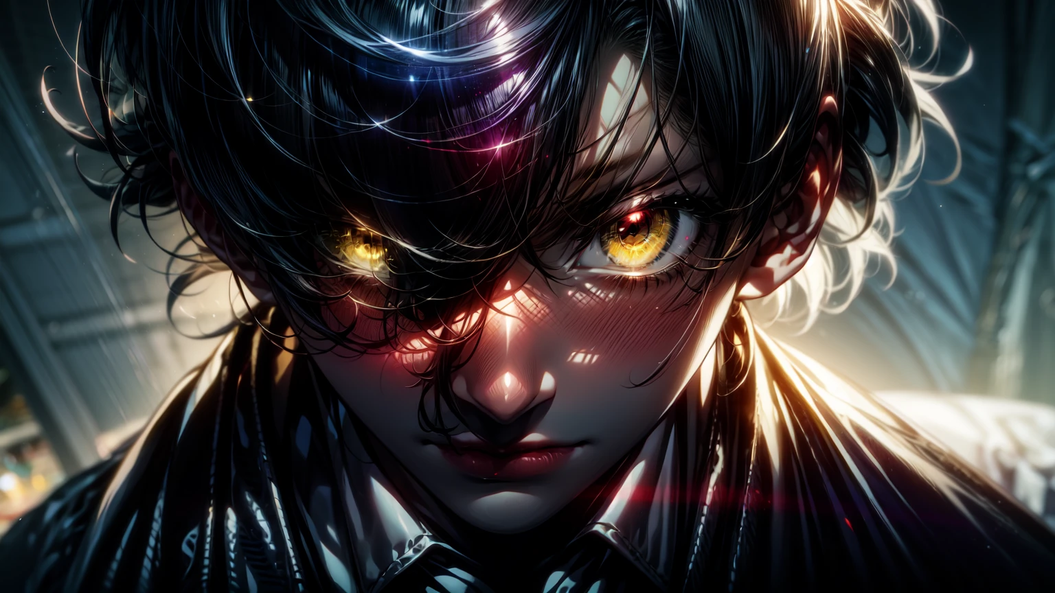 muscular man, black eyes, yellow iris, wearing suit, white tuxedo, red tie, formal brown shoes, black bangs hair, dramatic white lighting, cinematic,chiaroscuro lighting, high contrast, dramatic atmosphere, moody, sharp focus