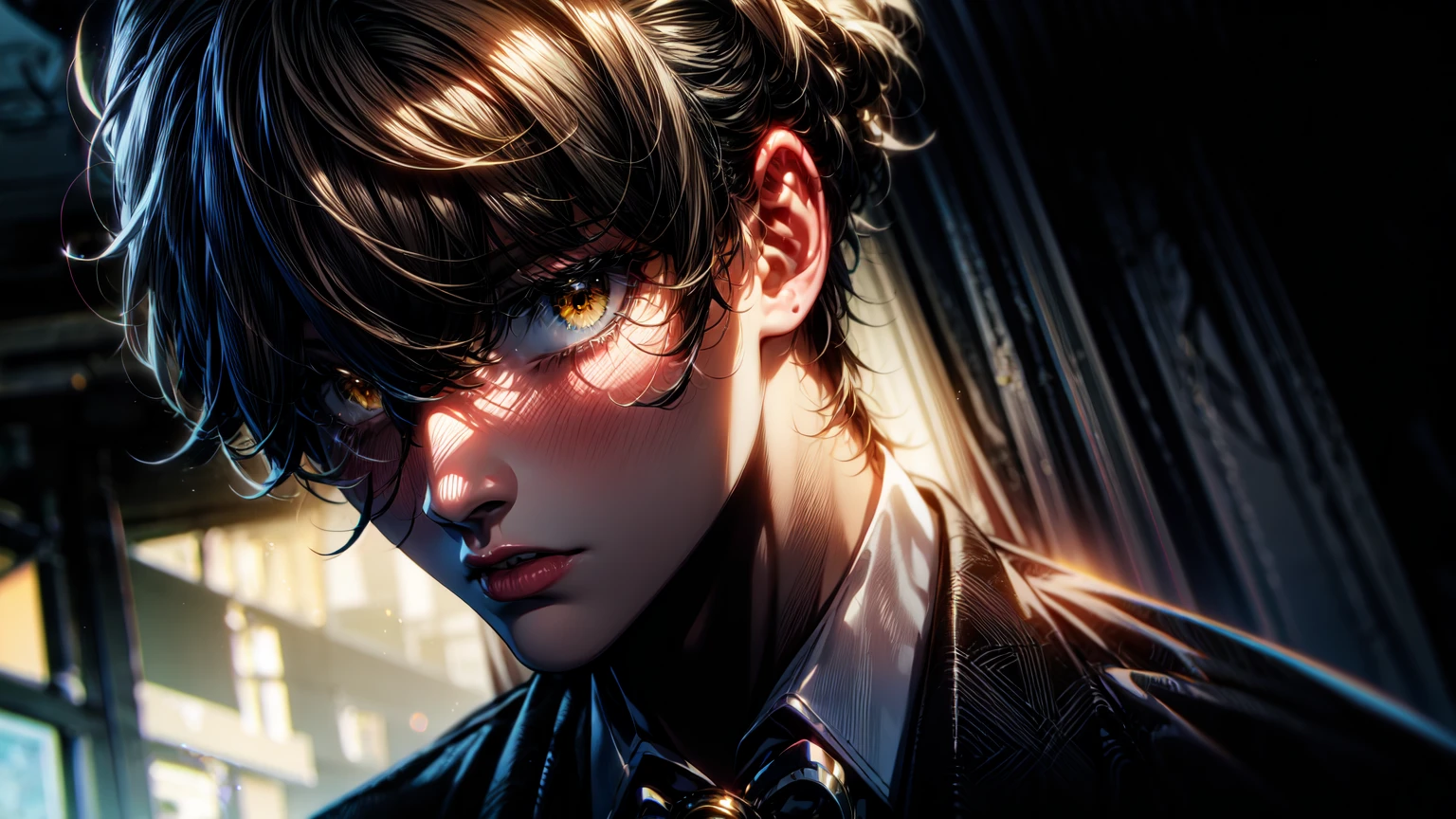 muscular man, black eyes, yellow iris, wearing suit, white tuxedo, red tie, formal brown shoes, black bangs hair, dramatic white lighting, cinematic,chiaroscuro lighting, high contrast, dramatic atmosphere, moody, sharp focus