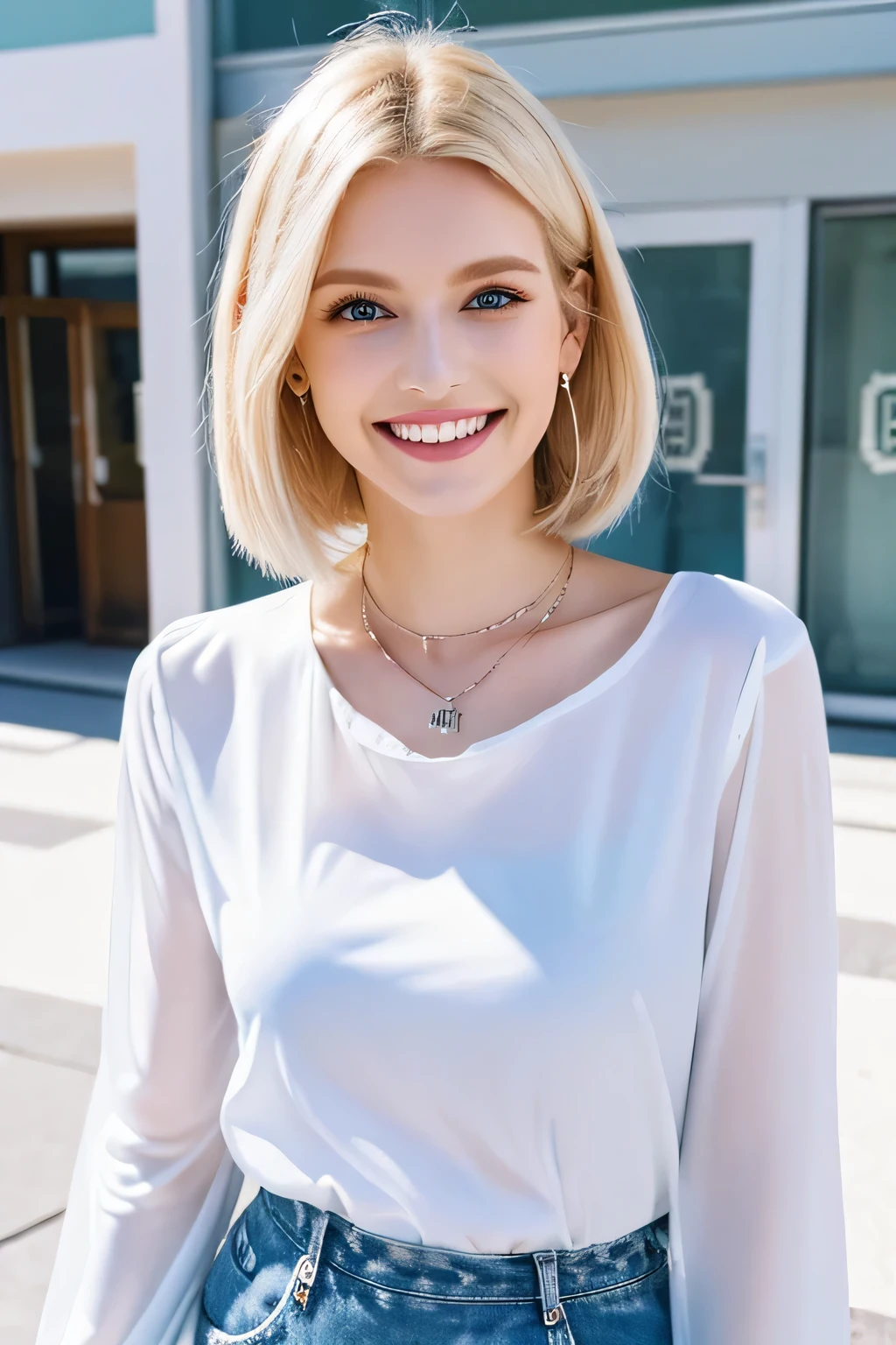 8K、highest quality、Blonde Hair、blue eyes、White women、Short Haircut、Ear piercing、necklace、smile、Beautiful teeth alignment、Long sleeve blouse、The background is the entrance to the building