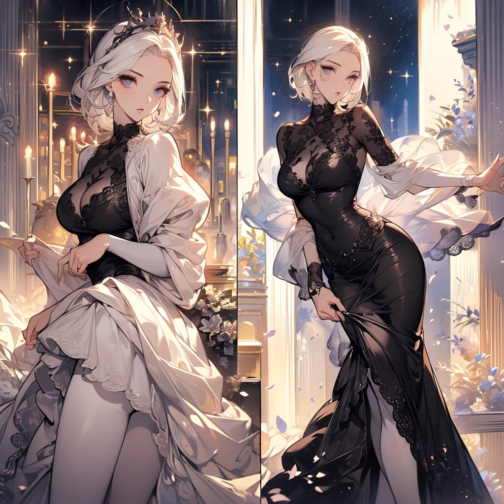 ((masterpiece, best quality)), Delicate face,JK style,Full body painting,Perfect body proportions,Large Breasts,Long legs,Handsome short hair,((Half of her hair is white,The other half is black,Available in two colors)),beautiful eyes,Fantasy style,Extremely beautiful,transparent,_underwear,Lace,Pantyhose