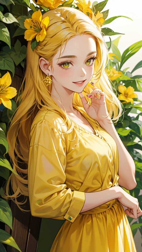 woman with yellow shirt and yellow flower in hair in front of green flower wall, 1girl, solo, flower, jewelry, hair ornament, earrings, hair flower, red nails, smile, long hair