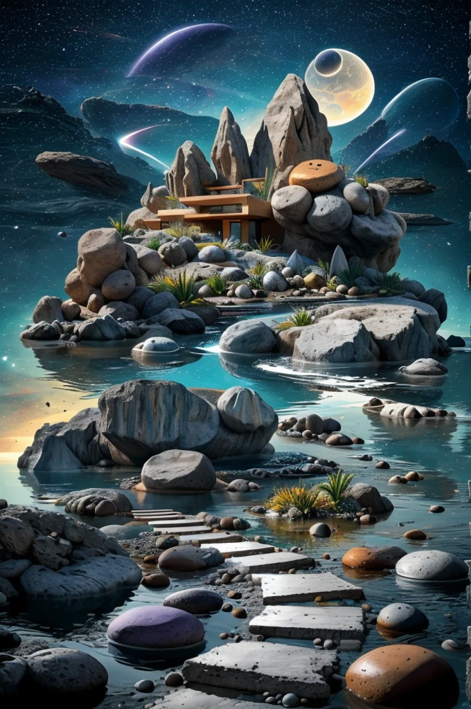 Abstract & Organic Shapes, Texturas, concrete, vidrio, piedras, Grandes rocas, piscina reflectante, (((A small bridge))), en el espacio, luna, jupiter, Organic sculptures in concrete with violet color, espacio exterior, milky way, Meteoritos, vulcano, Small river and lake, Modern, minimalist cottage on the edge, An illustration in collage style, con rocas gigantes, Brutalist construction sections, escalera, cacti, Agave, concrete texture, Multiple geometric shapes, Hatching & Cross Striping, Planeta Saturno, vulcano, luna, Architectural-style construction by Luis Barragán