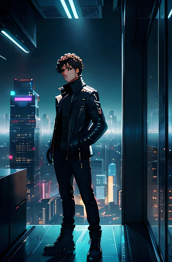 Create an image of a young man in a futuristic city with glass skyscrapers and neon lights at dusk. The man must have brown skin, short curly dark brown hair, and be standing on a balcony, overlooking the city, dressed in a modern jacket and jeans. The atmosphere must convey modernity and innovation. Use an 8k resolution, the face with lots of details and symmetry, very detailed, the entire image must have a futuristic rendering style. Lighting should be soft, with ultra-fine details. The image should tell the story of Pedro in a futuristic city, highlighting its modernity and innovation.