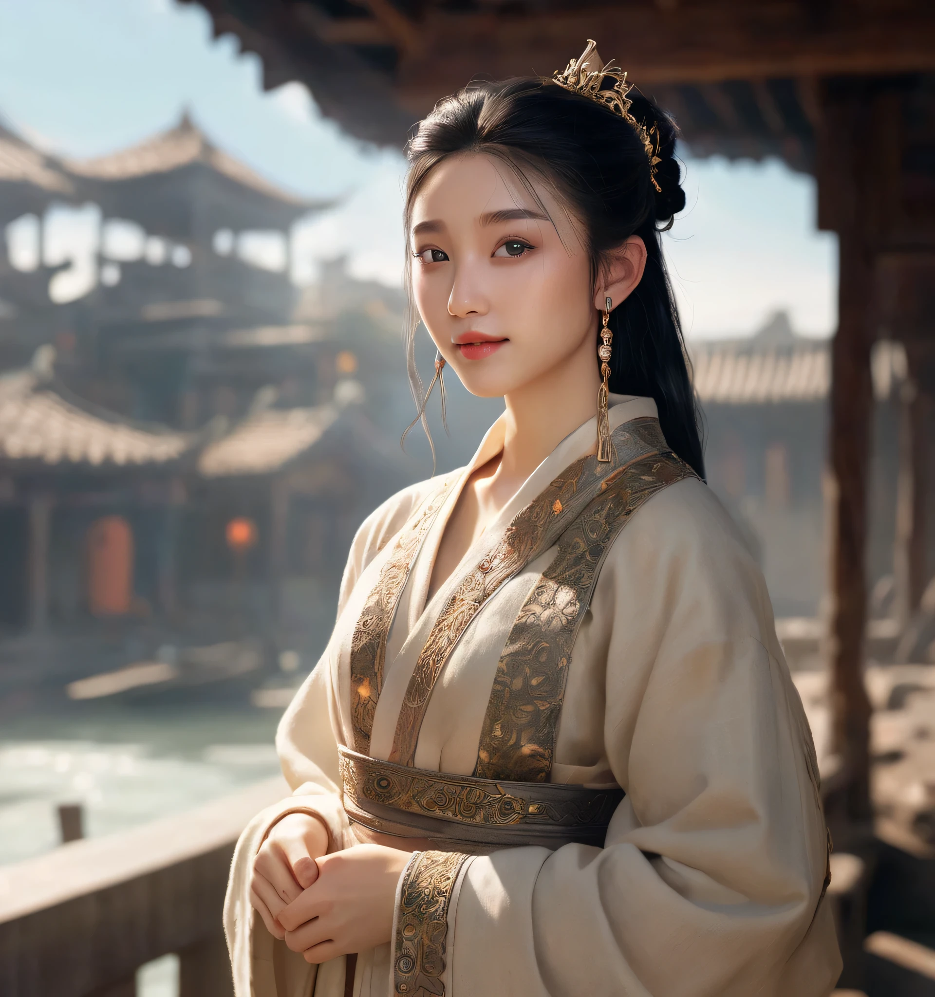 QXjia,a 20 year old chinese girl,realistic,solo,Background of ancient Chinese cities,detailed_eyes,smiling,(masterpiece:1.2), (best quality:1.2), perfect eyes, perfect face, perfect lighting, (8K),(perfect anatomy),(highres),