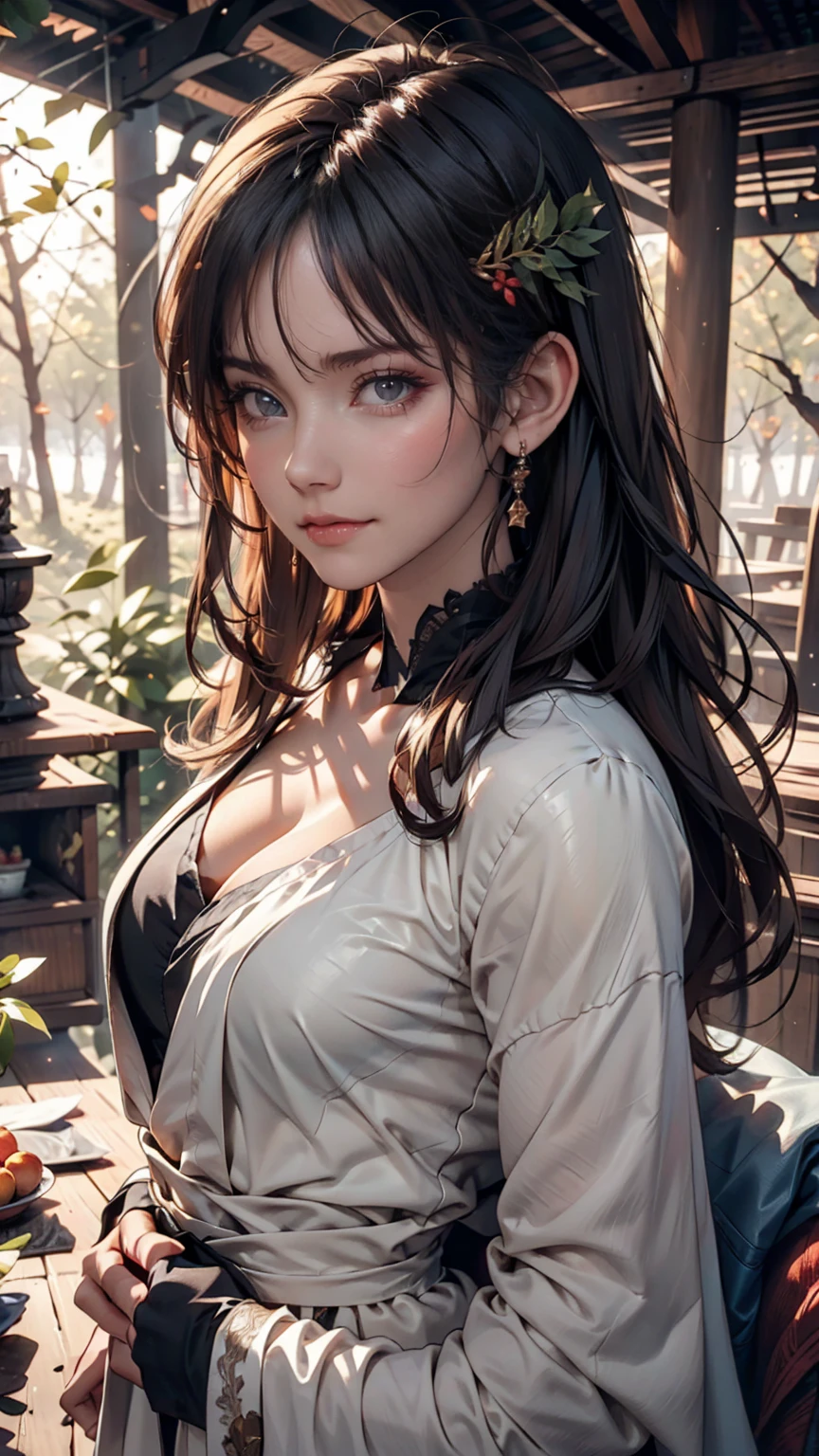 Beautiful girl in a gray robe standing in a dark forest, Magnificent style, Octane Rendering, Desert Composition, Beautiful Face, Surreal, Oil on canvas, Award-winning, masterpiece, Trending on Art Station, Studio Ghibli