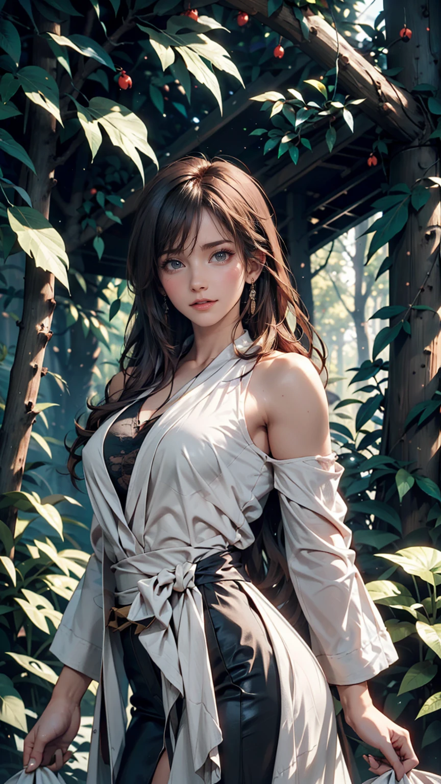 Beautiful girl in a gray robe standing in a dark forest, Magnificent style, Octane Rendering, Desert Composition, Beautiful Face, Surreal, Oil on canvas, Award-winning, masterpiece, Trending on Art Station, Studio Ghibli