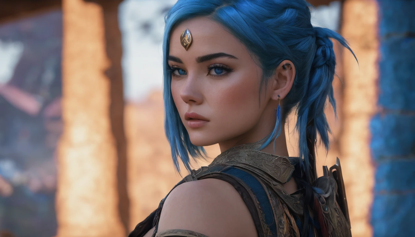 Warrior girl, blue hair, 8k, hdr, detailed background, ultra-detailed, 