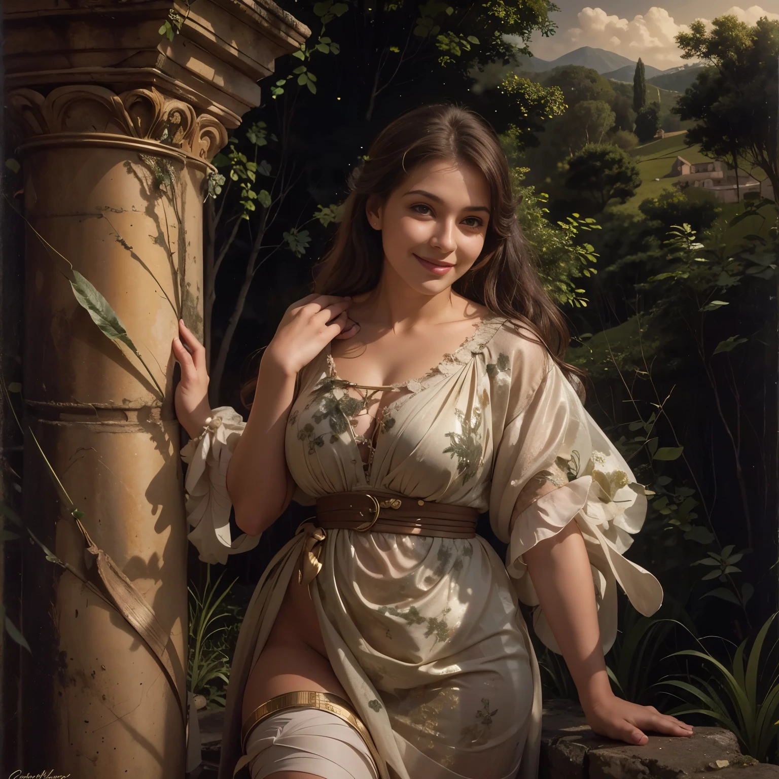 Best quality, masterpiece, ultra high res, (photorealistic:1.4), raw photo, Ancient Roman ruins, landscape in the style of Poussin, A smile,,Sweet and seductive appearance.、Caravaggio's paintings、Chiaroscuro of Caravaggio、Hair disheveled in the wind,Two women frolicking,Cute smile, Expression of ecstasy,A sexy,erotick,she flaunts her curvaceous figure in a stunning bespoke light dress, showcasing her adorable smile and tantalizing cleavage, perfect hands,