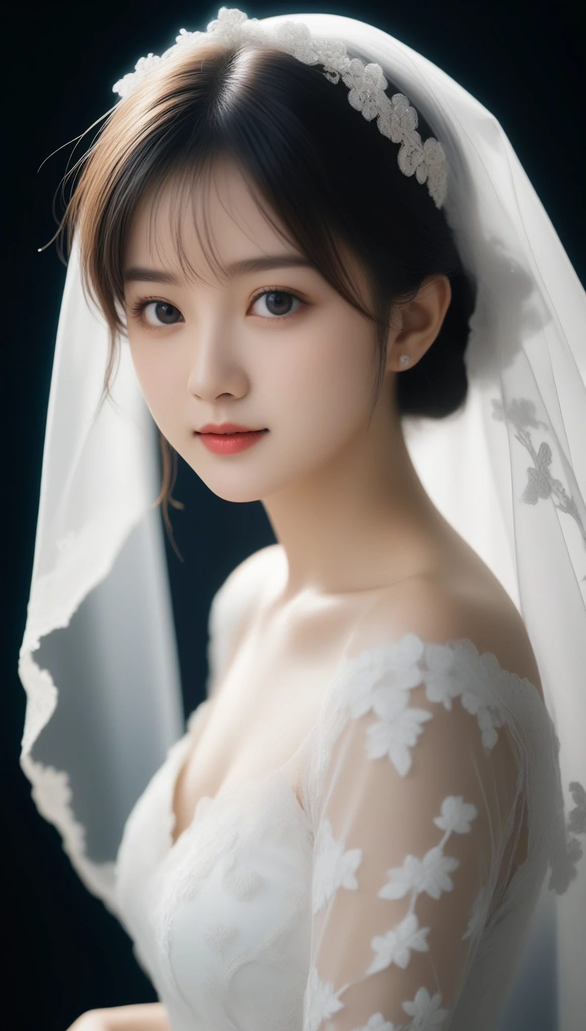 8k, Ultra-high resolution, Highest quality, masterpiece, 三分割法によるphotograph,Surreal, photograph, 1 Girl, (16 years old:1.3), pretty girl, Cute Face, Beautiful eyes in every detail, 細かくdetailedに,masterpiece,One Girl:1.2,Japan Female Teachers,extream close up,sad,light smile,Black short hair,Bob with bangs,(印象派の美しい少女のPortraiture),(Impressionist light and colour), (Gray background:1.3),(White Wedding Dress:1.3),(Fairy, bride, Shiny Hair, Beautiful dark eyes, So cute and beautiful,16 years old, ), (smile:0.8),Sharp contours,Looking down, (Wedding Veil,White lace), Light from above, (Side view),, Perfect and beautiful face ,完璧でCute Face, Skin with attention to detail, Perfect limbs、Narrow waist,Looking at the audience,(((Ideal body type))),A cup small breasts :2,Portraiture:2,Perfect Anatomy,鮮明なdetailed,detailed,Surreal,Light and shadow,glowing