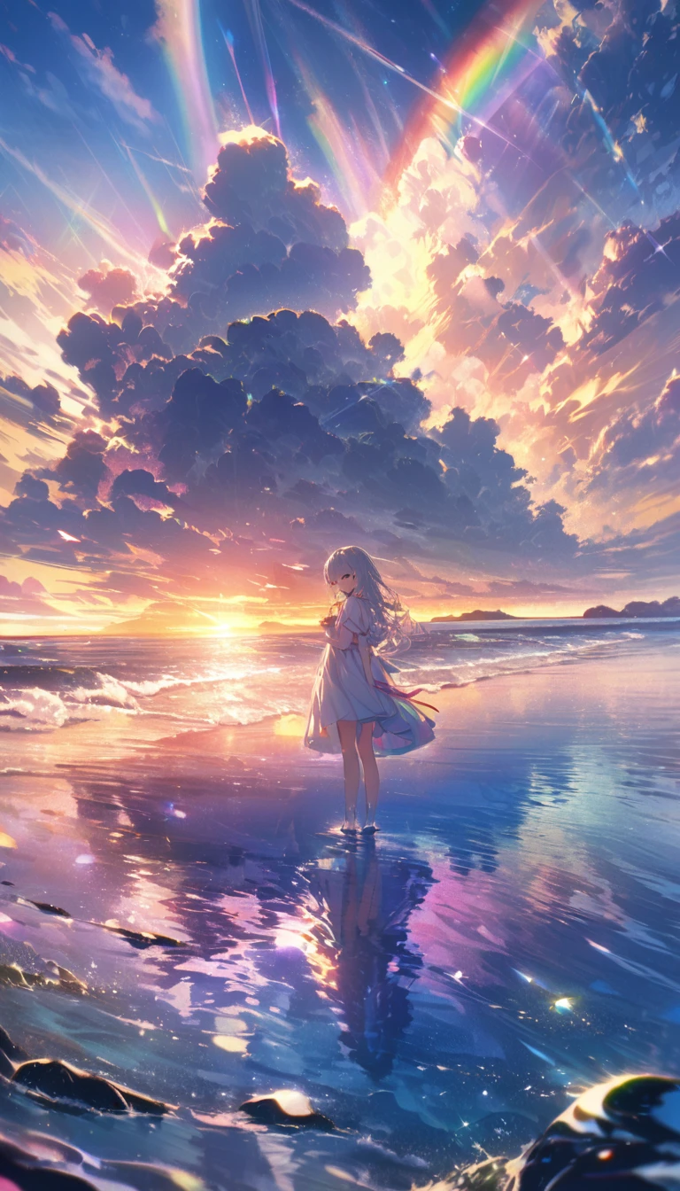 Angelic, Detailed landscape, sunrise, rainbow, After the Rain, horizon, In the sky, Ocean , Lens flare, colorful, An atmosphere full of dreams and hope,masterpiece.16K, Ultra-high resolution, to be born,wonderful ,future、rainbow色の、The world 30 years from now。