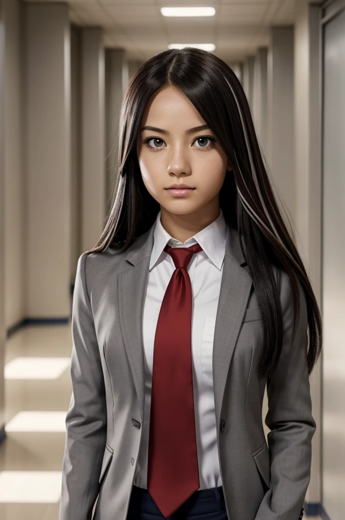 Screenshot Boku no hero academia, beautiful and super attractive woman, hip-length straight hair with white highlights, slanted eyes, one white and the other dark brown, calm expression on his face, uniform gray jacket red tie, Looking towards the camera, school hallway background