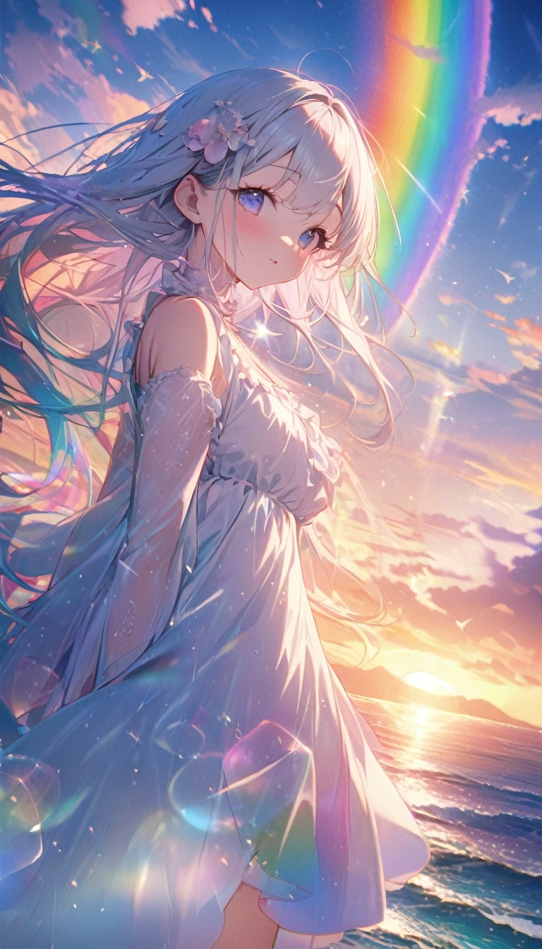Angelic, Detailed landscape, sunrise, rainbow, After the Rain, horizon, In the sky, Ocean , Lens flare, colorful, An atmosphere full of dreams and hope，masterpiece．16K, Ultra-high resolution, to be born,wonderful ,future、rainbow色の、The world 30 years from now。