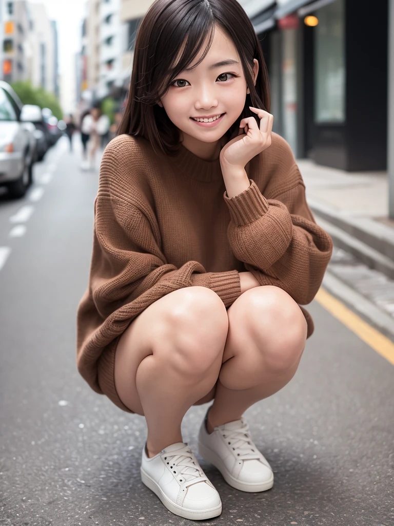 ((Duffel coat、hi-school girl、a miniskirt、thighs thighs thighs thighs、Mouton Boots、crouching down、open the legs widely:1.2))、(realisitic、Photorealsitic、ultra-detailliert、Highest Details Skins、top-quality、masterpiece、超A high resolution)、Realistic skin type、Japan schoolgirl uniform、simple background、Cute Japan person、17 age、younggirl、I have bangs、二重まぶた、drooing eyes、Cute smile、Charming、purity、double tooth、View here、Winters、It's snowing、Thick check muffler、The wind is blowing