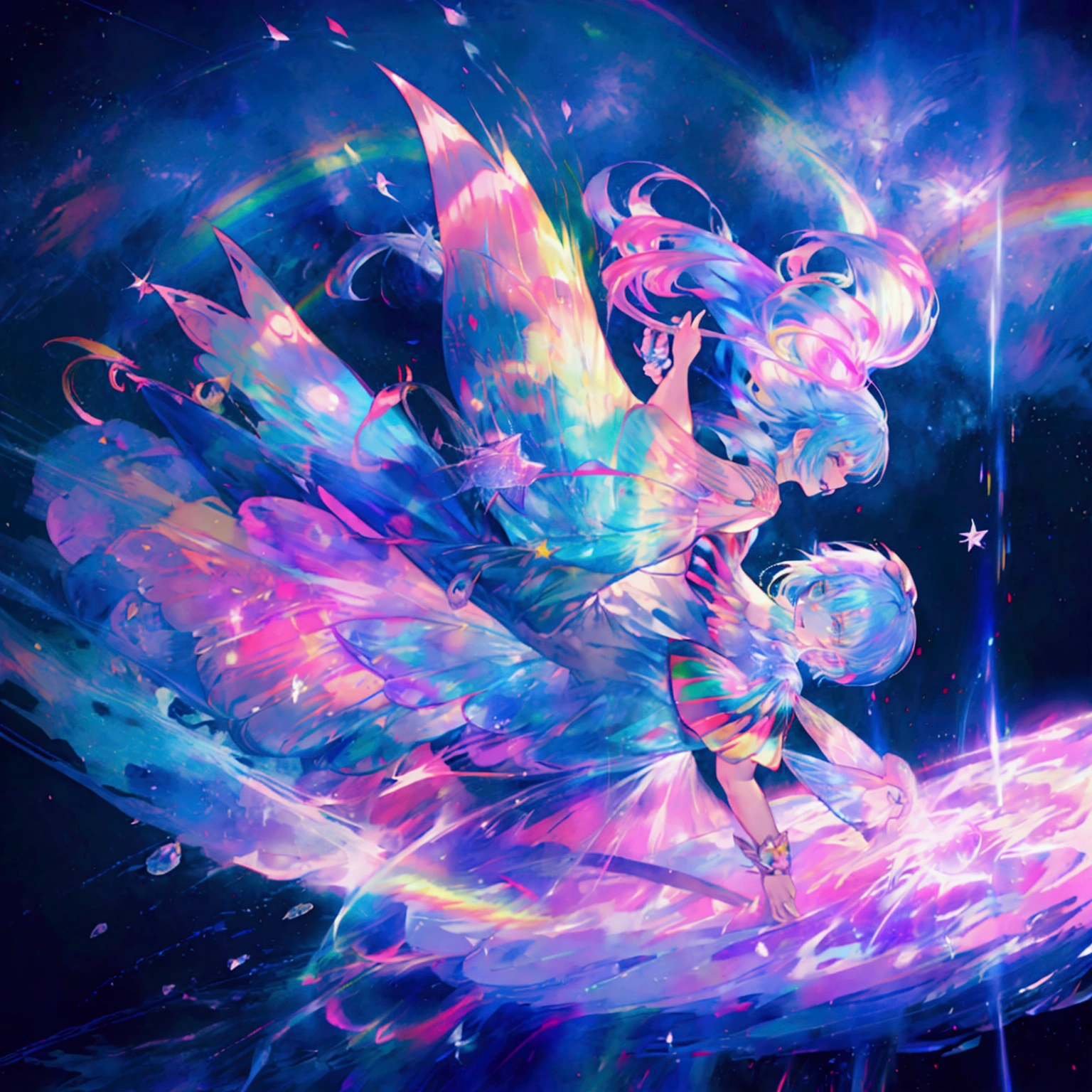 top-quality、masutepiece、1womanl、solo、(abstract art:1.4),(Psychedelia Theme:1.6),(Gunjo World:1.5),(Snow World:1.5),(Winter World:1.5),(At the center of the world is the most beautiful woman in the world),(many stars are falling:1.3),A ray of light spreads,Crystals spreading from the center,prisma(Nostalgic landscapes:1.5),(colorful flower:1.3),Garden Girl,gentle sunlight,Soft breeze,Delicate flowers,A rainbow-colored butterfly flaps its wings,Mesmerizing natural beauty,Fragments of Shining Stars,ice crystal,