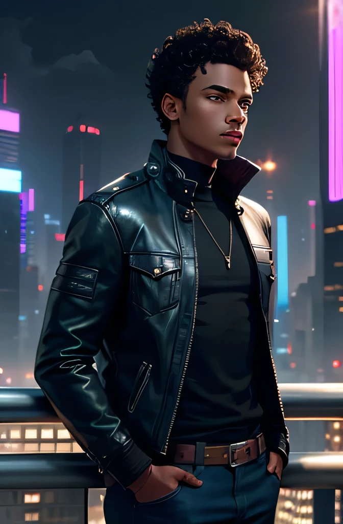 Create an image of a young man in a futuristic city with glass skyscrapers and neon lights at dusk. The man must have brown skin, short curly dark brown hair, and be standing on a balcony, overlooking the city, dressed in a modern jacket and jeans. The atmosphere must convey modernity and innovation. Use an 8k resolution, the face must be very realistic, with lots of details and symmetry, very detailed, the entire image must have a futuristic rendering style. Lighting should be soft, with ultra-fine details. The image should tell the story of Pedro in a futuristic city, highlighting its modernity and innovation.