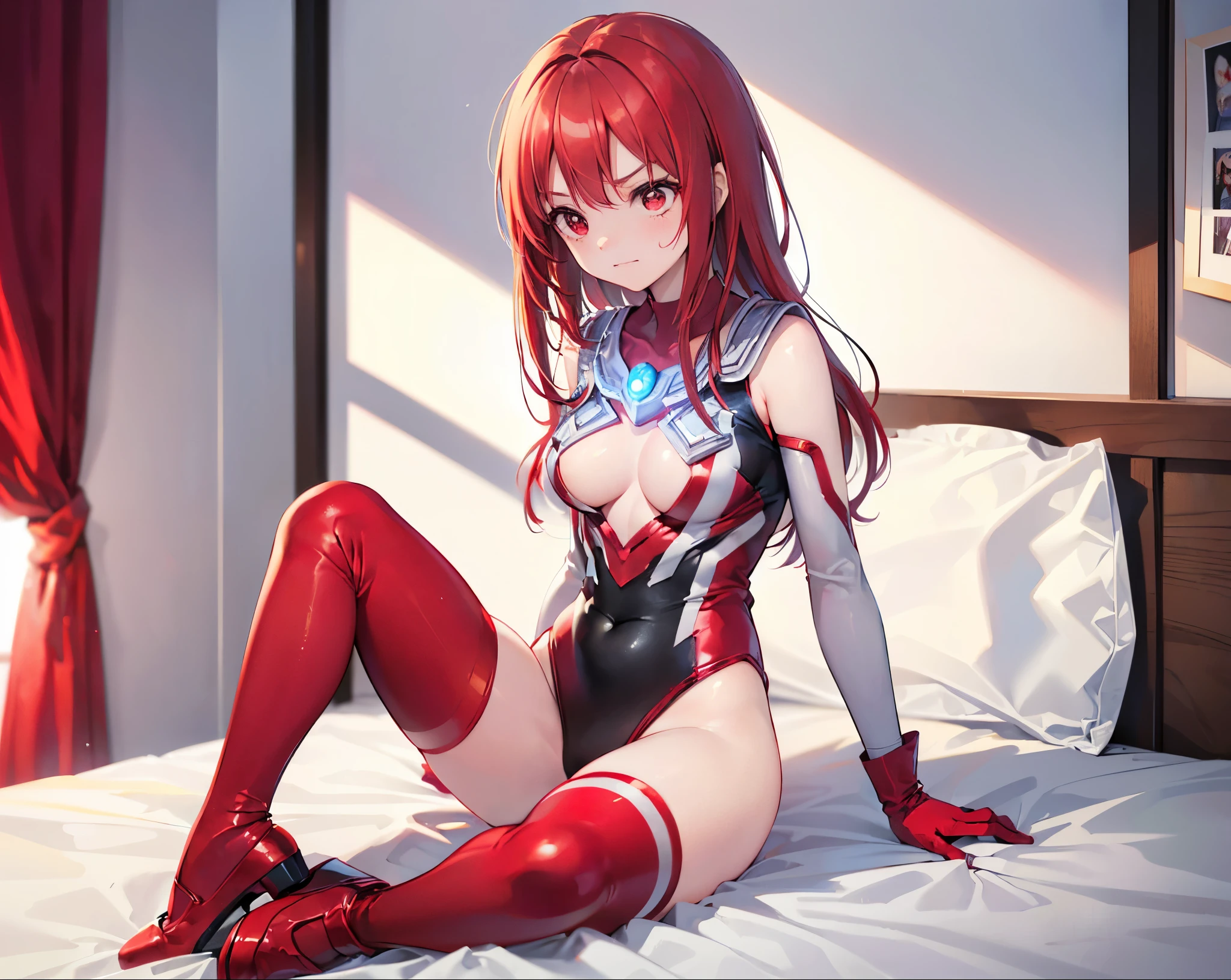 (Close-up:1.3),Realistic,Highest quality, Ultra Detail, High-quality CG rendering, The most delicate and beautiful, Floating softly, High resolution, (1 giant girl), (Highest quality,4K,8k,masterpiece:1.2),(All red hair:1.5), (Medium Long Hair:1.5),(Red eyes:1.5), (Ultra Girl:1.0), (All red Ultraman bodysuit:1.4),(Do not expose your skin:1.5),(Slightly larger breasts:1.3),(Red gloves:1.4),(Red Shoes:1.4),(whole body:1.3),(Troubled face:1.3),Small room,(Sitting on the bed:1.3),smile