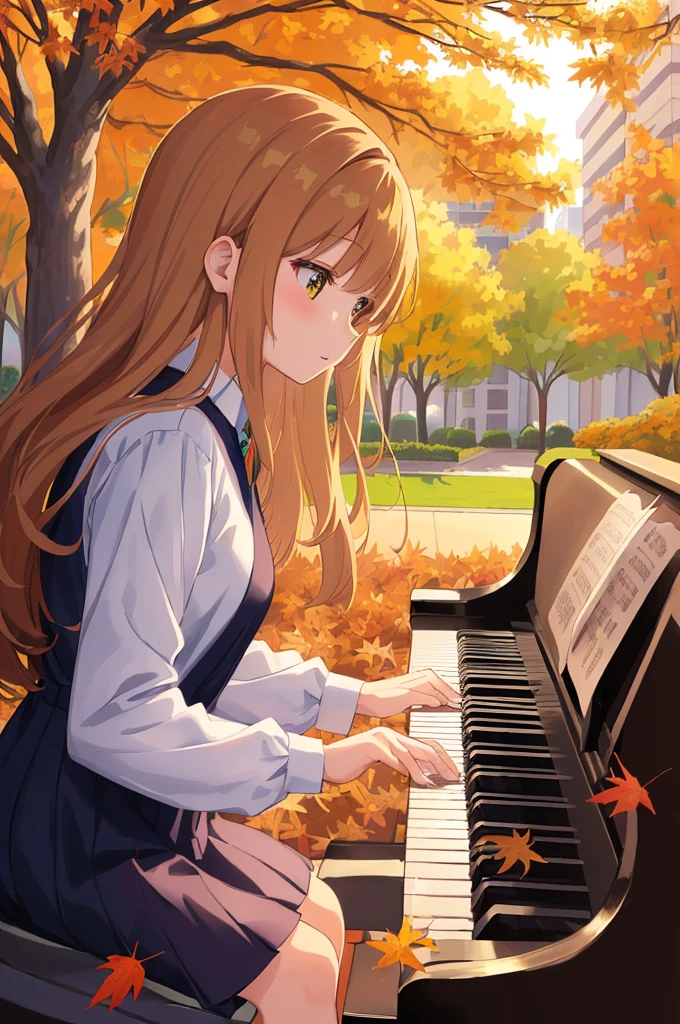 anime girl playing piano in autumn park with leaves on ground, in the autumn, 🍁 cute, nightcore, in autumn, during autumn, marin kitagawa fanart, pianist, excellent composition, anime girl with long hair, beautiful anime, playing piano, piano in the background, beautiful anime high school girl, high quality anime artstyle, anime background, beautiful anime girl