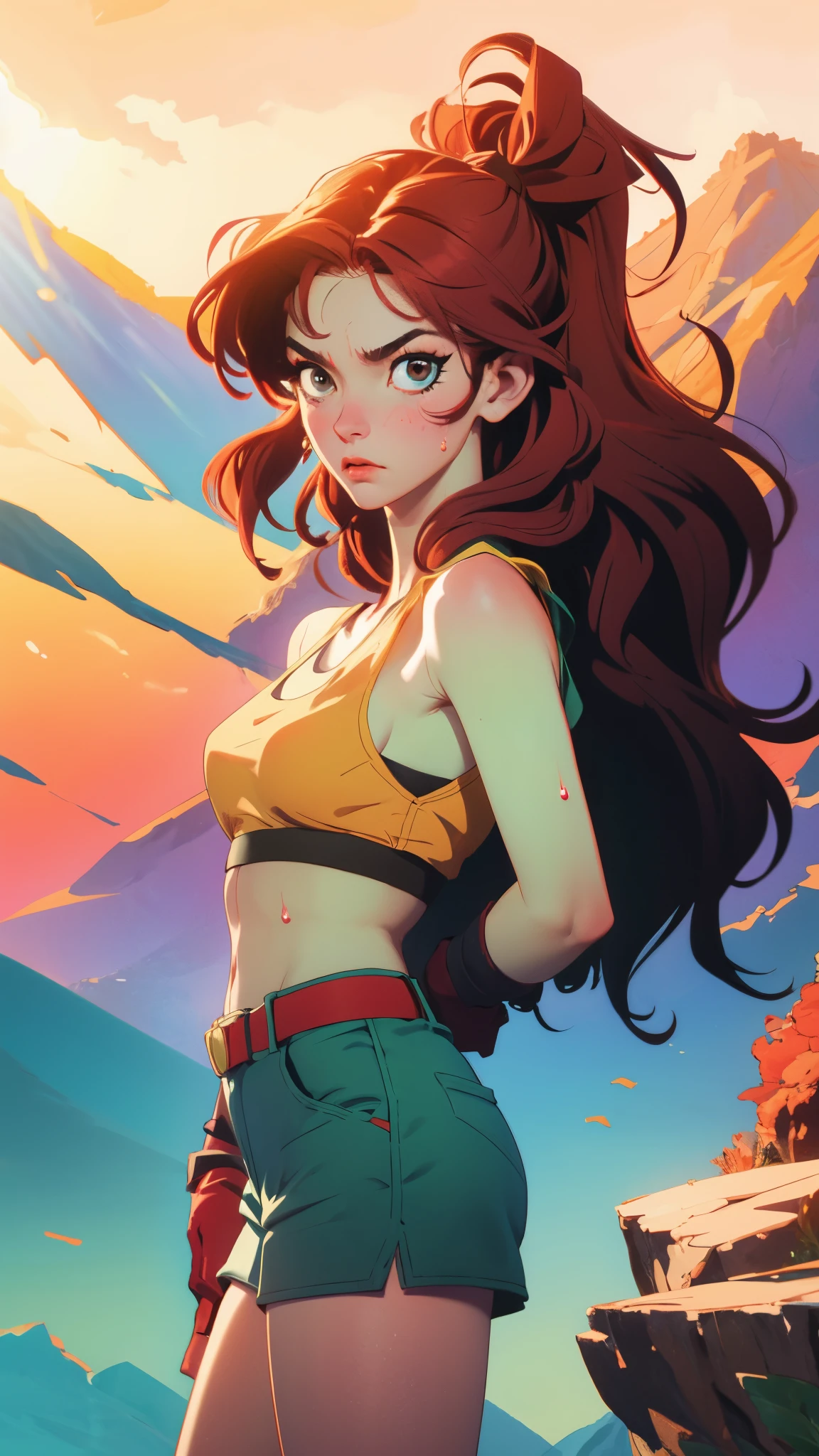 ((((masterpiece, best quality, high resolution)))), Extremely detailed 8K, 1 female, (Launch from Dragon Ball) wearing a light-green belly-baring crop tank top, yellow shorts with a red belt, brown fingerless gloves and red shoes with the Nike insignia worn with green sock, ((with a red ribbon on her hair)), (Ultra HD, Ultra-detailed, Highly detailed, Highly realistic, Ultra-realistic, photograph realistic), (1girl:1.5), (Realistic long yellow hair), (dynamic poses), facing at camera, looking at viewer, (a serious focus face), (regular black eyes, sharp eyes), (perky breasts:1.2), (beautiful detailed face, beautiful detailed eyes), ((slightly sweating)), (mountainous background), sweat, glow, (sunbeam, sunlight), ((cowboy shot)), seductive, EnvyBetterHands LoCon,