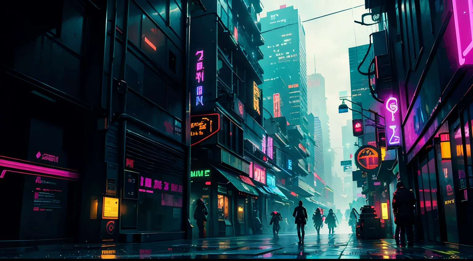 "Inside the Matrix: Surreal cyberpunk cityscape, flawed visual effects, neon lights, futuristic skyscrapers, cascading code, dark alleyways, mysterious figures, digital rain, augmented reality, dystopian atmosphere"