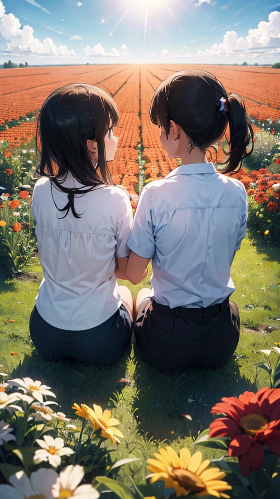 Flower Field　Male and female couple　Back view　Sitting　Starry Sky　Wide-angle shot, Overlooking, Widescreen, reflected light, High resolution, 