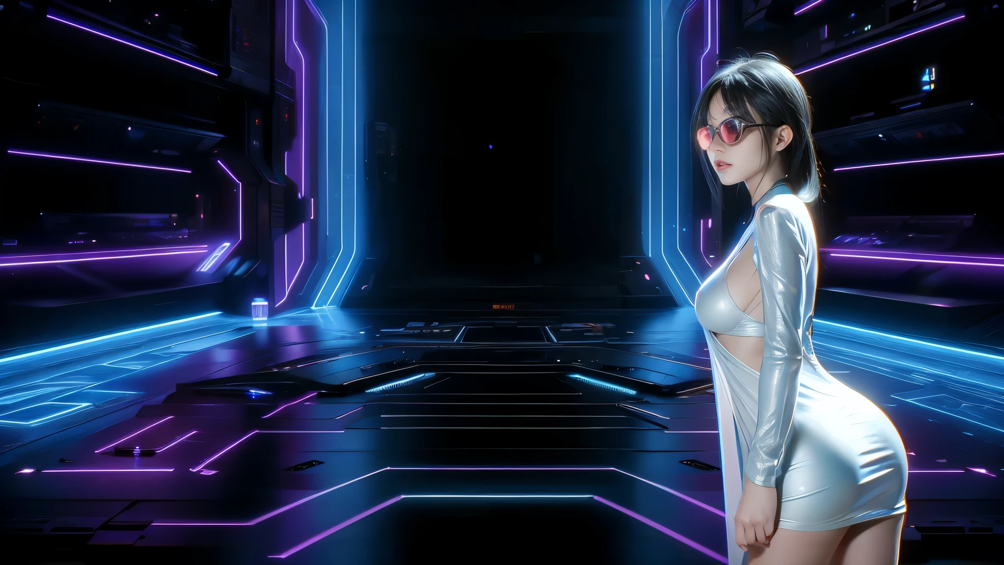 DonMH010D15pl4y, cyberpunk city street. (((1girl, solo, alone))), blue holographic portrait, large-breast:1.2 slim:0.6 body, slim face, cleavage:1.1, sexy jacket, (black sunglasses), (((holding a pistol))), dynamic pose, ((half-body thigh:1.1 level medium shot)), mysterious fog, cinematic lighting, ray tracing.