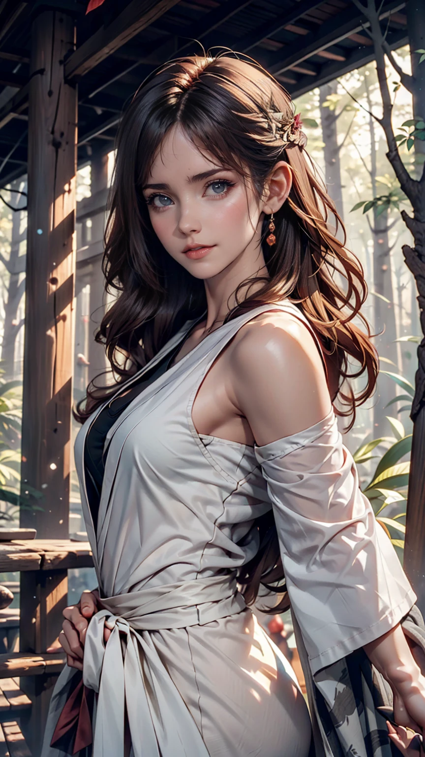 Beautiful girl in a gray robe standing in a dark forest, Magnificent style, Octane Rendering, Desert Composition, Beautiful Face, Surreal, Oil on canvas, Award-winning, masterpiece, Trending on Art Station, Studio Ghibli