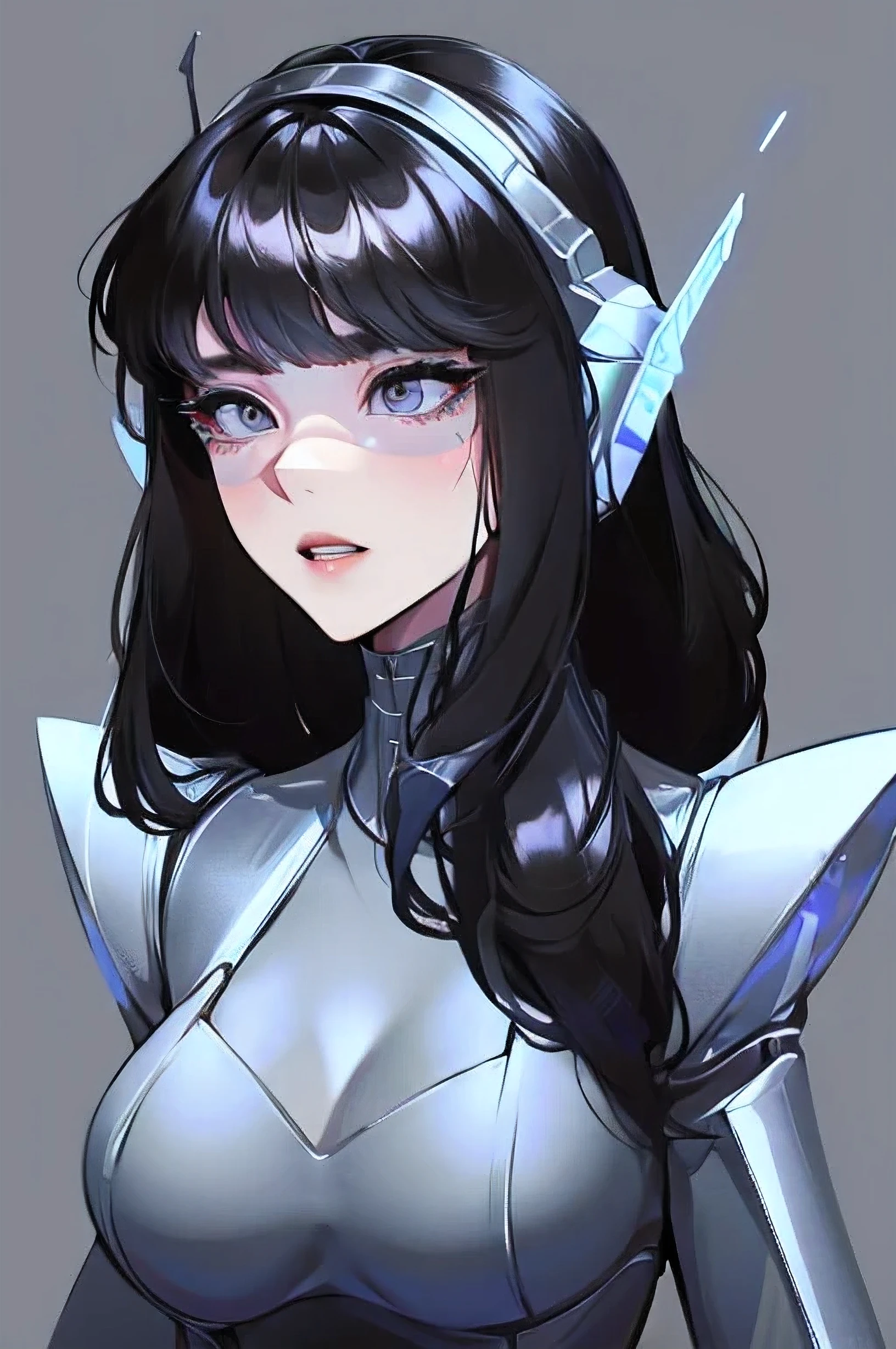 empty eyes,robotized woman ,big bust,Robot Joint ,Metal skin,Black suit,long hair