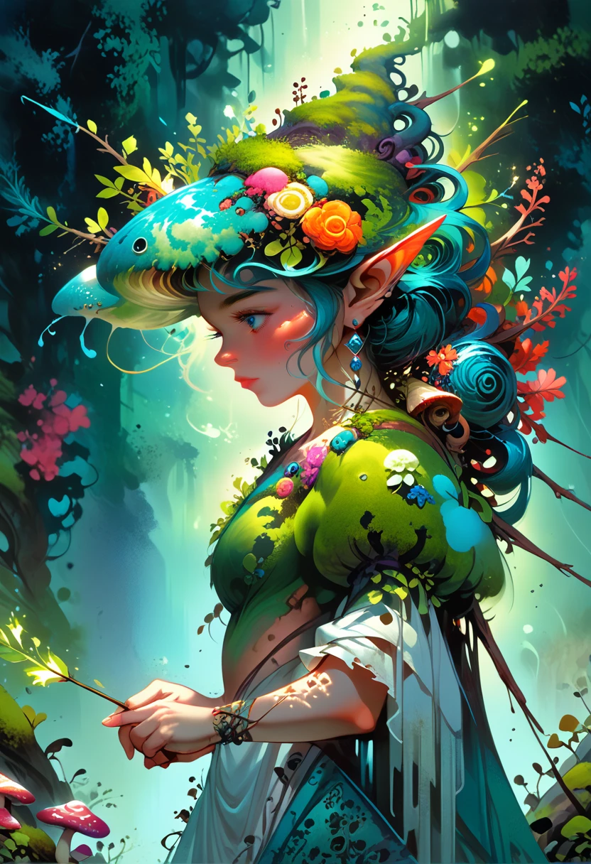 a beautiful tall female ice-elf on a forest path at twilight standing amidst ultra incredibly ultra large bio luminous ice-mushrooms holding a bow and arrow, medium close shot, cowboy shot, Ultra detailed illustration of a person lost in a magical world of wonders, glowy, translucent, transparent, bioluminescent flora, incredibly detailed, pastel colors, hand painted strokes, visible strokes, oil paint, art by Mschiffer, night, bioluminescence