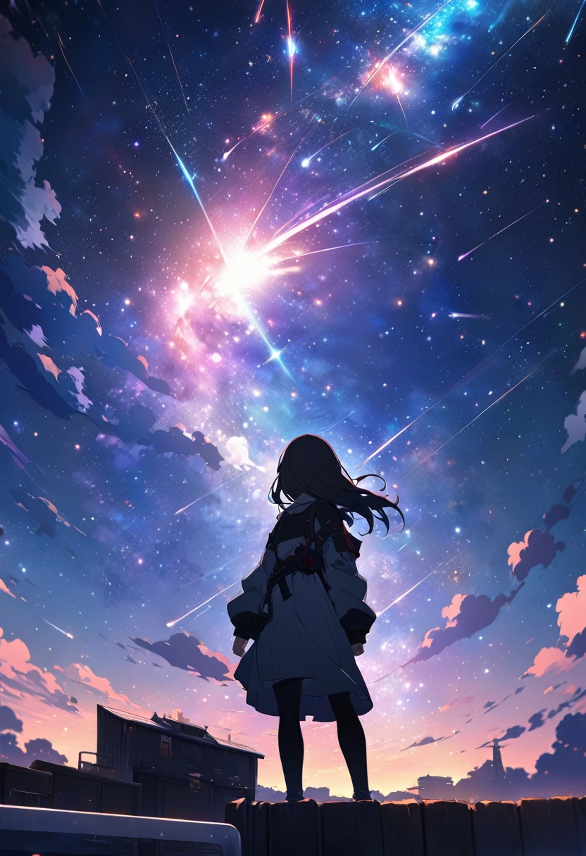 Anime girl standing on a rooftop looking at the starry night sky, Anime Wallpaper 4k, Anime Wallpaper 4 k, 4k Anime Wallpaper, Anime Art Wallpapers 8K, anime art wallpaper 4k, anime art wallpaper 4k, Anime Style 4k, Makoto Shinkai Cyril Rolland, 4K Manga Wallpapers, Anime Wallpaper, Awesome Wallpapers, shooting star
