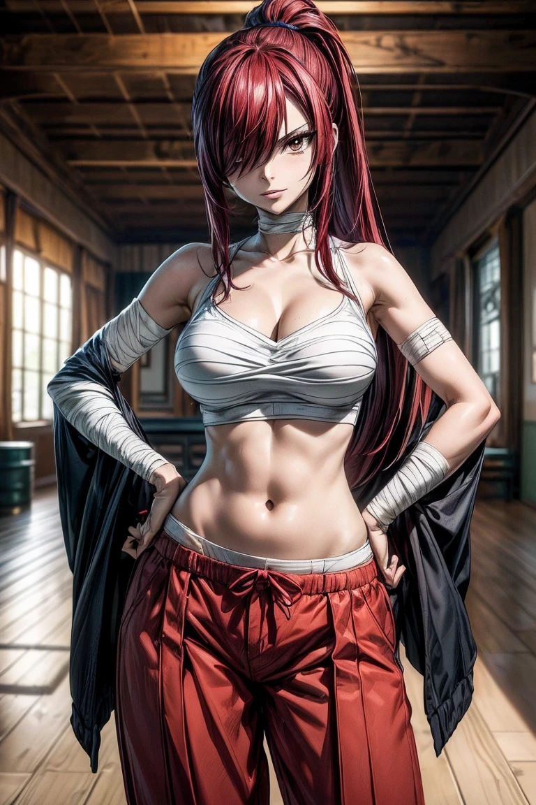 masterpiece, best quality, highres, Erza Scarlet, red hair, long hair, ponytail, white ribbon, hair over one eye, collarbone, ((brown eyes)), fairy tail, ((solo, chest sarashi, bandage, bare arms, midriff, red hakama, red pants, ,)), has a model style, oppai, complete cosplay, Ultra HD Quality , ((sharp face)), official art, beautiful, mature, 30 years old, evil smile, cleavage, big round breasts, perfect body, ((Ultra HD Quality Wallpapers, HD images, 16k Quality Wallpapers)), 1 woman, solo, woman, ((1 woman:1.5), (1 woman), ((solo)), ((one woman)), ((1 woman)), eye detail, detail art, ((standing)), half body, (model pose:1.5), ((half Body)), ((at indoor:1.5)), (room:1.5), (pose:1.5), Very detailed and high resolution Erza Scarlet masterpiece, beautiful in dynamic action. Add emphasis to the intricate details of the themed naughty and the lewd expression on her face. Set the scene at inroom, with a indoor as a backdrop. Use rich colors and volumetric light to create a sense of subtle beauty and nasty, holding katana, katana, one katana, 1 katana