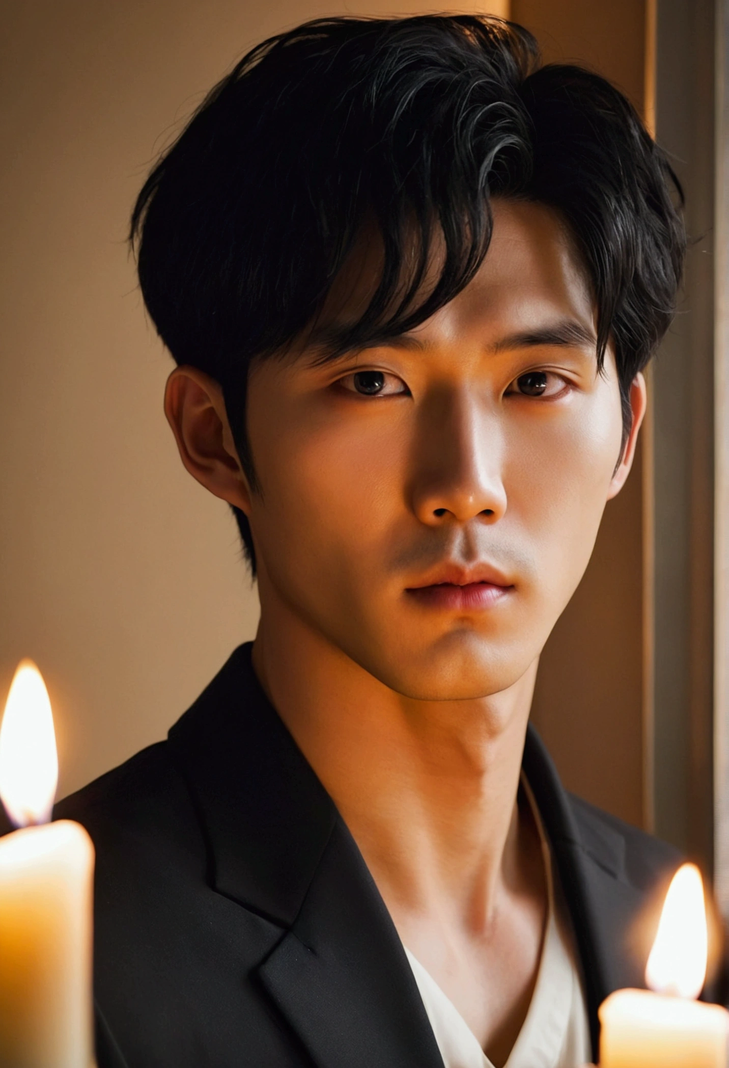 Fair skin, Korean male, around 26 years old, Black Hair, Swollen eyes, good looking, Candlelight, Super sharp focus, Realistic shots,Unisex outfits