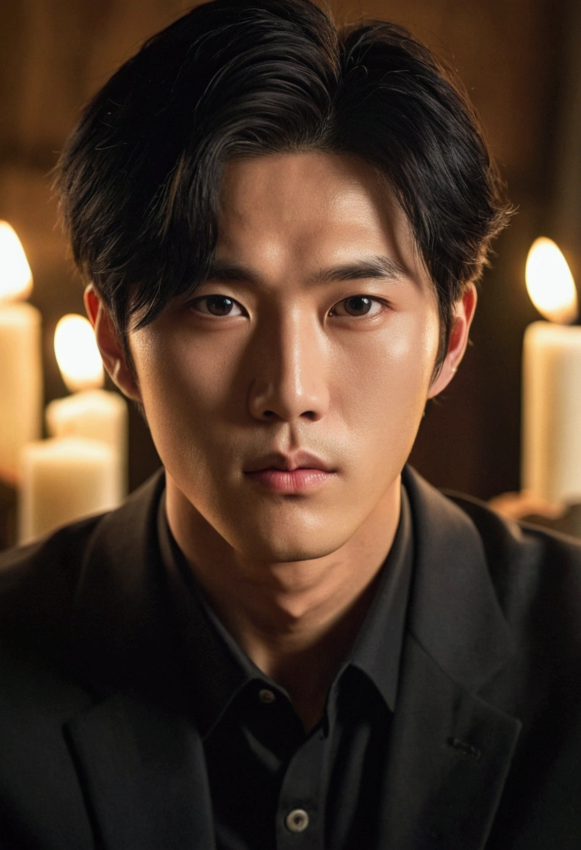 Fair skin, Korean male, around 26 years old, Black Hair, Swollen eyes, good looking, Candlelight, Super sharp focus, Realistic shots,Unisex outfits