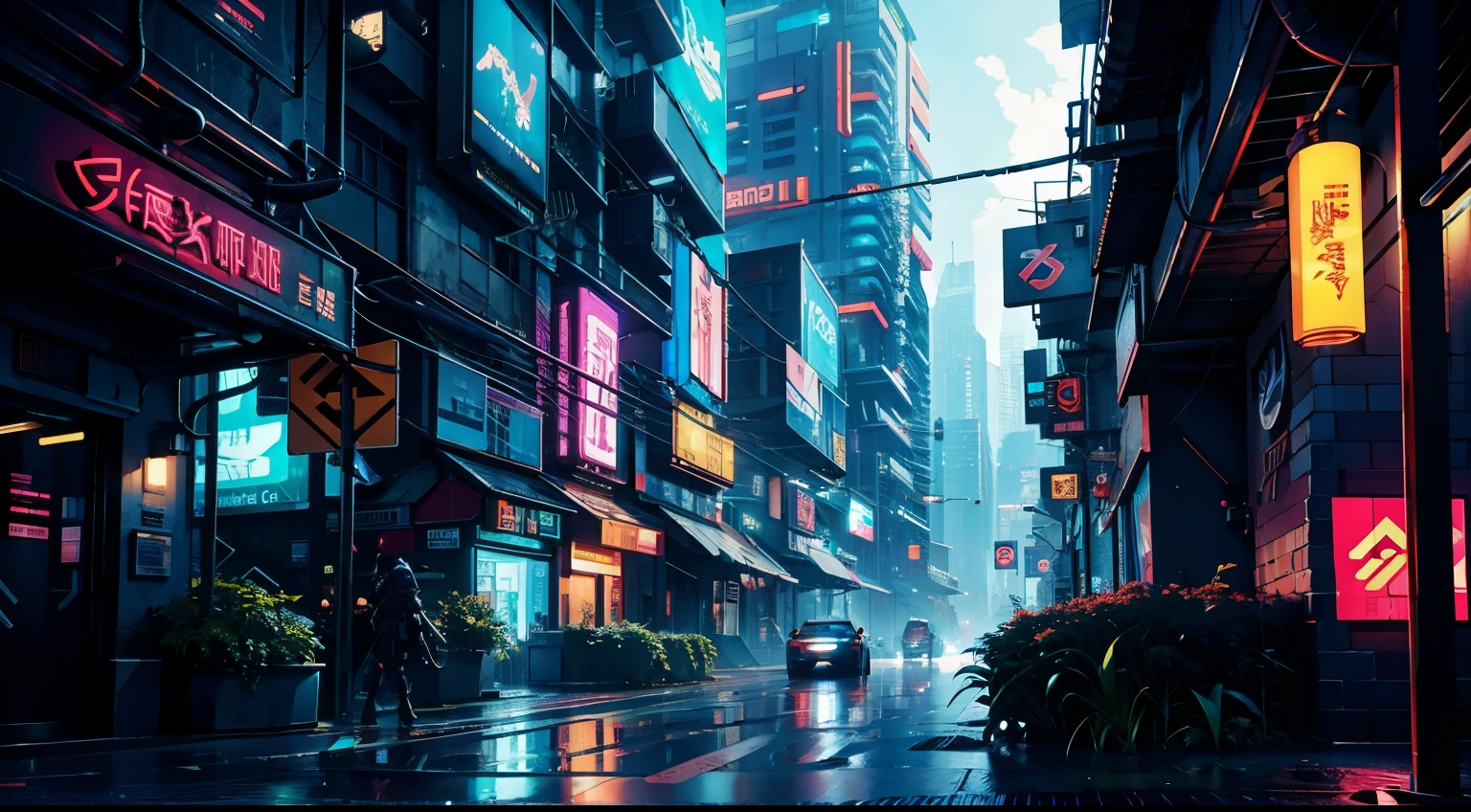 Picture of a cyberpunk city landscape, a cyberpunk city landscape environment, anime style, professional art, perfect composition, 8k, beautiful, intricate, details