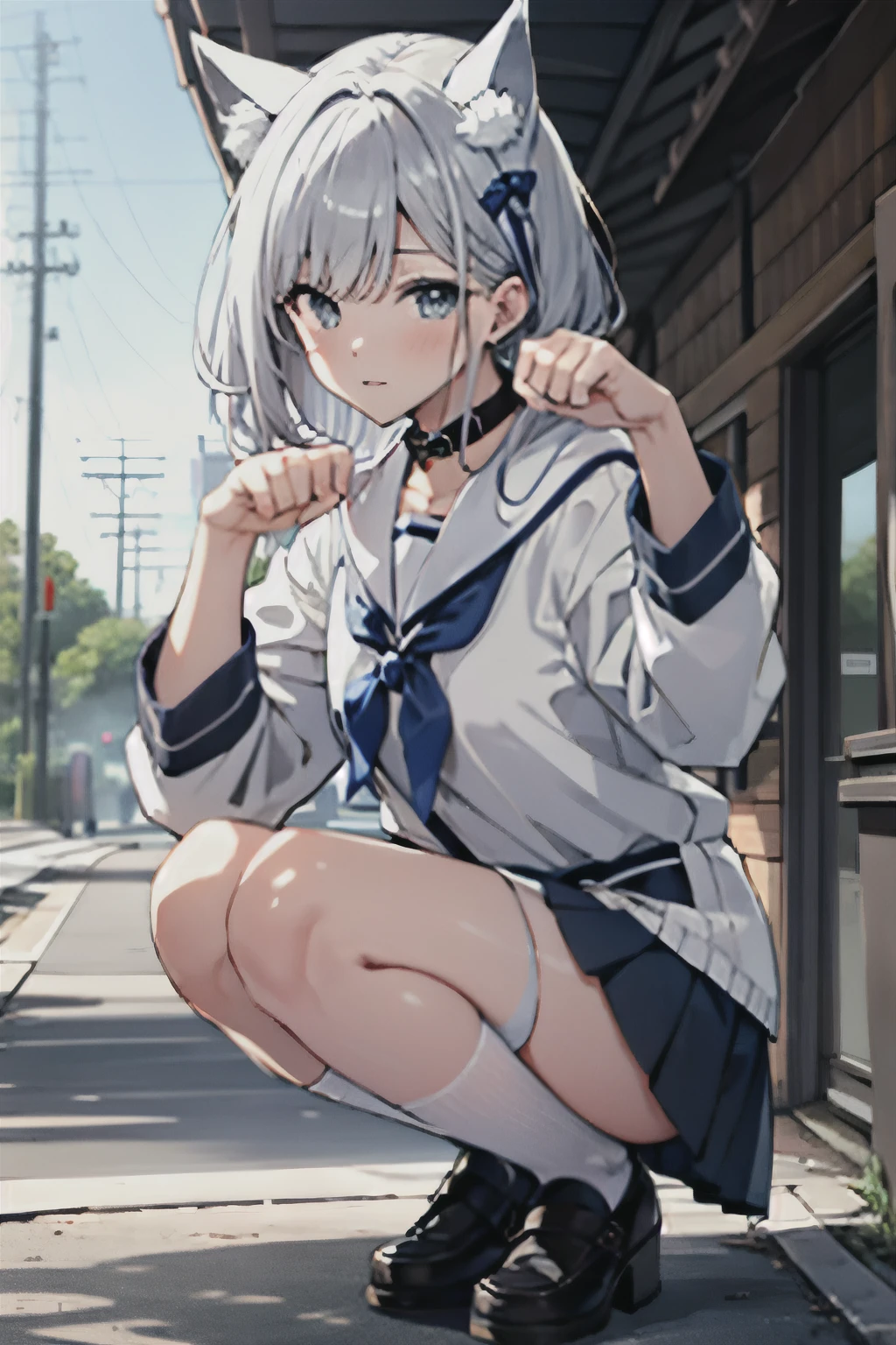 woman, adult, Squatting pose, squatting, PP, paw pose, dog ears, sailor outfit, collar, white stockings, silver hair, outdoors