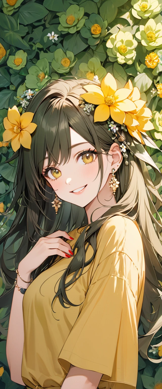 woman with yellow shirt and yellow flower in hair in front of green flower wall, 1girl, solo, flower, jewelry, hair ornament, earrings, hair flower, red nails, smile, long hair