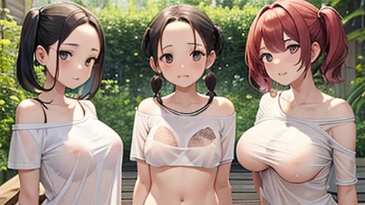 Mother and two daughters、naked、barbecue、See-through、T-Shirts、Showing underboob、Off the shoulder、naked、short hair with twin tails、Wide forehead、Showing off her pussy、Hold in mouth、Spread your