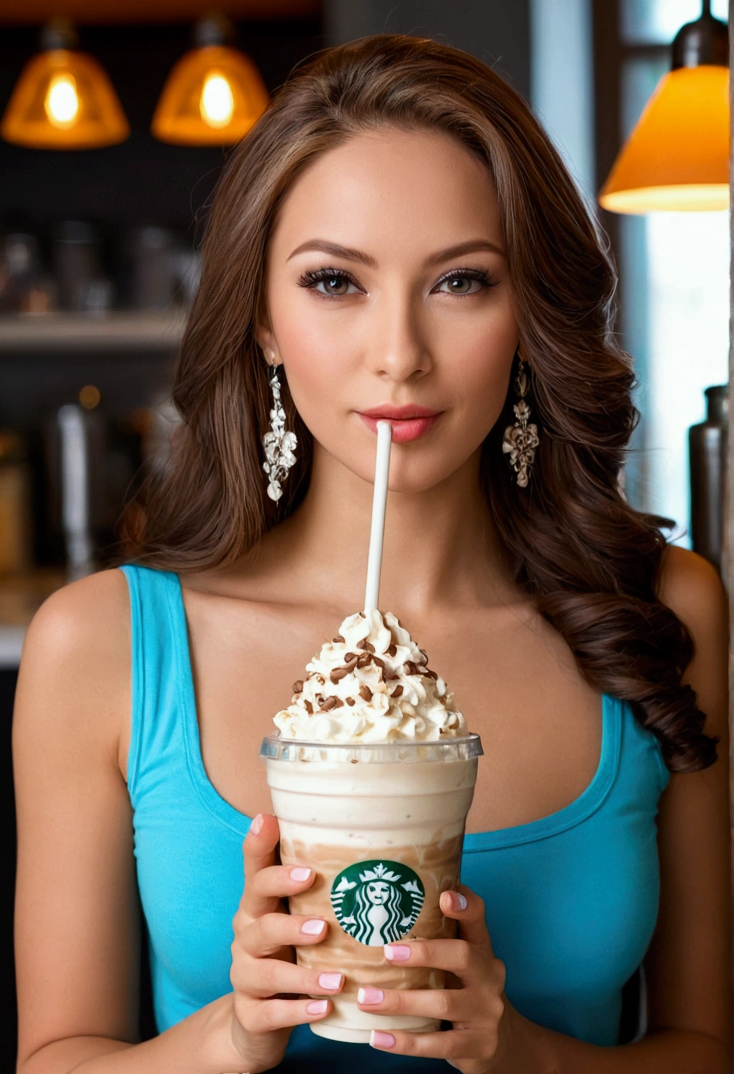 very beautiful lady wants to drink coffee milkshake