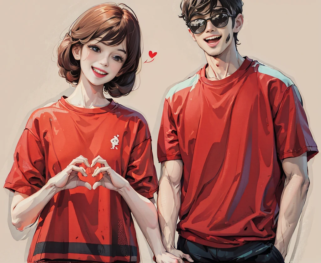 Cute couple in love, wearing red t-shirts, gesturing heart symbols with their hands and smiling happily, cartoon style simple lines and flat illustrations, high definition and high resolution full body portrait on beige background. The couple is wearing red t-shirt with cartoon character design style, full of Chinese New Year atmosphere.
