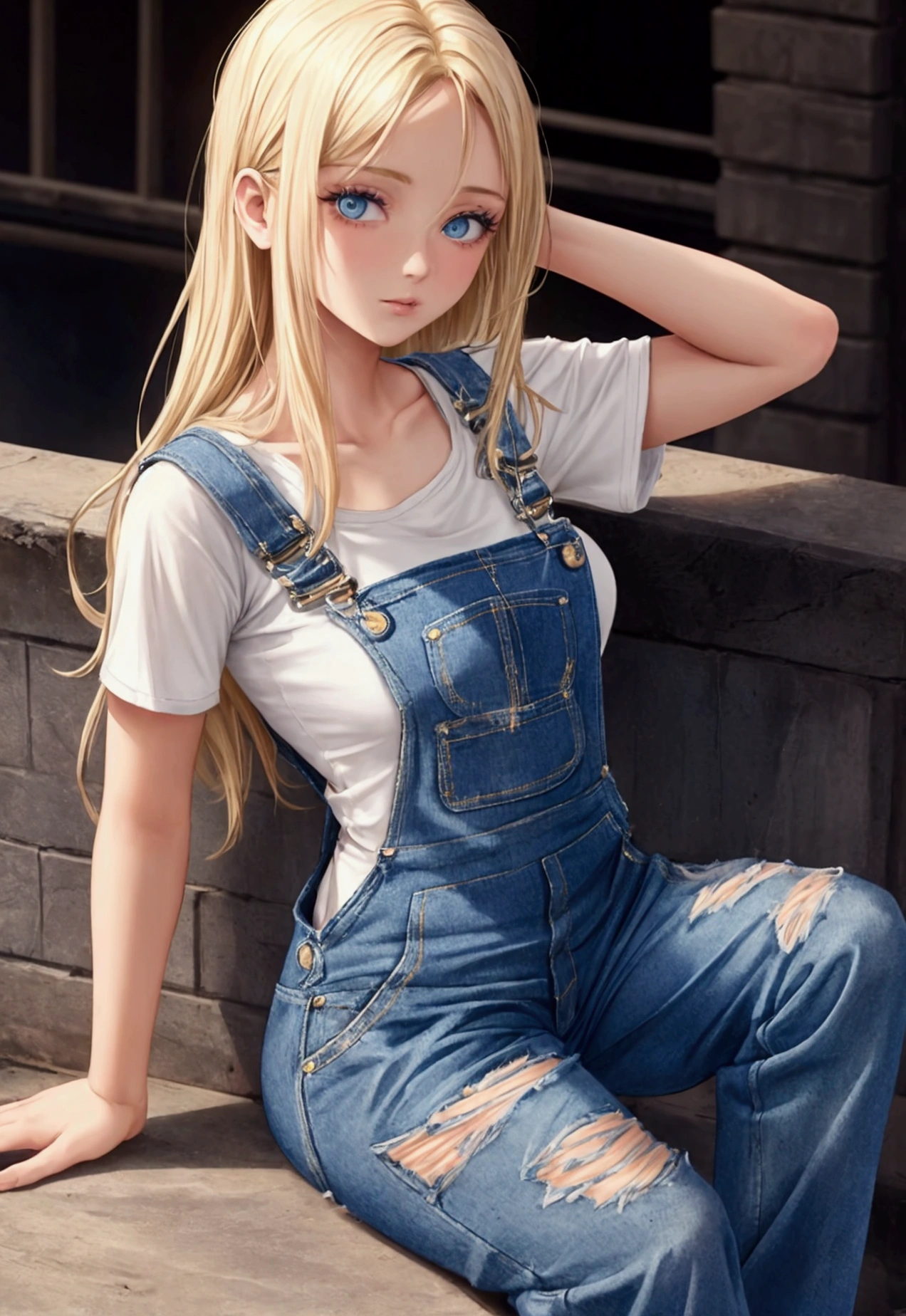 blonde woman sitting on a ledge with her hands on her head, wearing overalls, wearing dirty overalls, wearing blue jean overalls, overalls, blue overalls, torn overalls, very beautiful model, beautiful young model, Attractive posing, 2 4 year old female model, wearing no shirt, artist wearing torn overalls, pose casual, thin girl model photo, very sexy pose